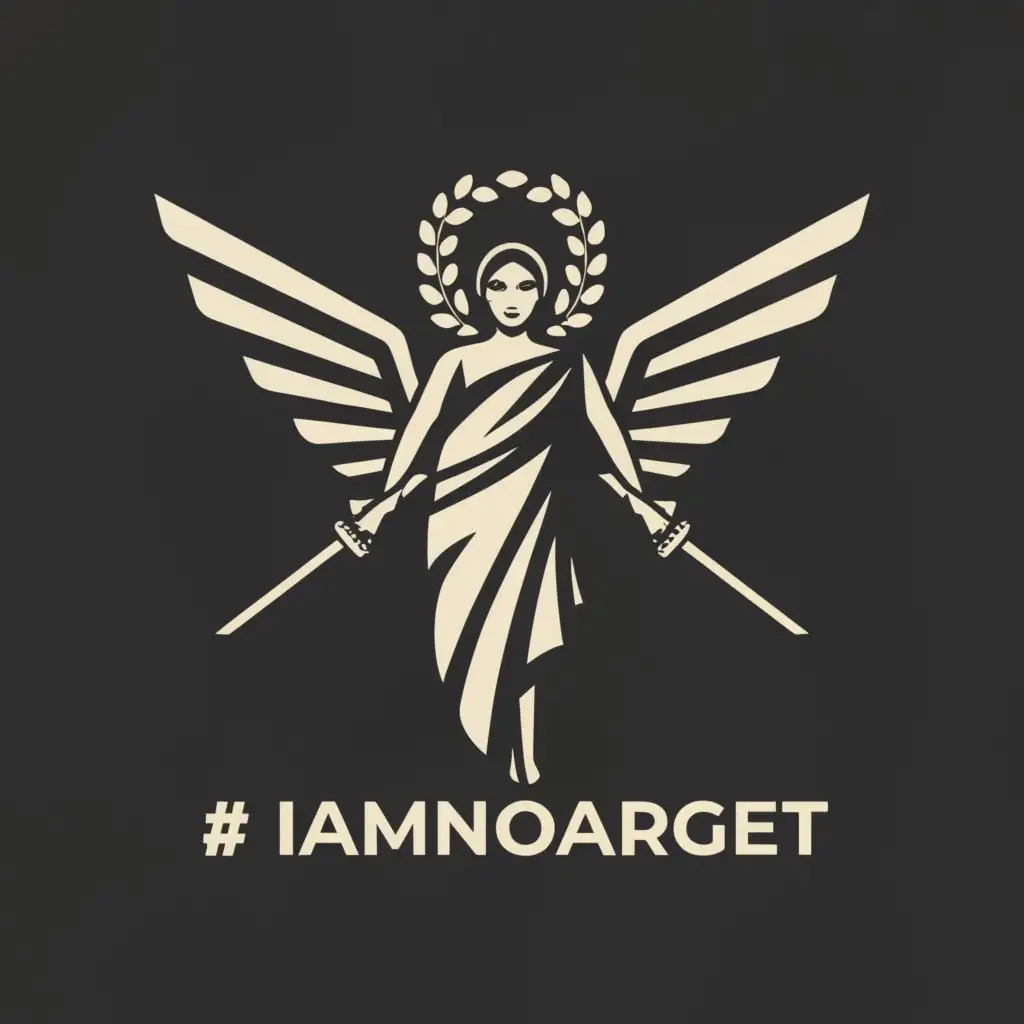 a logo design,with the text "#IamNOtarget", main symbol:winged greek goddess in flowing robe holding a wreath above her head in one hand and a sword in the other hand,Minimalistic,be used in Legal industry,clear background