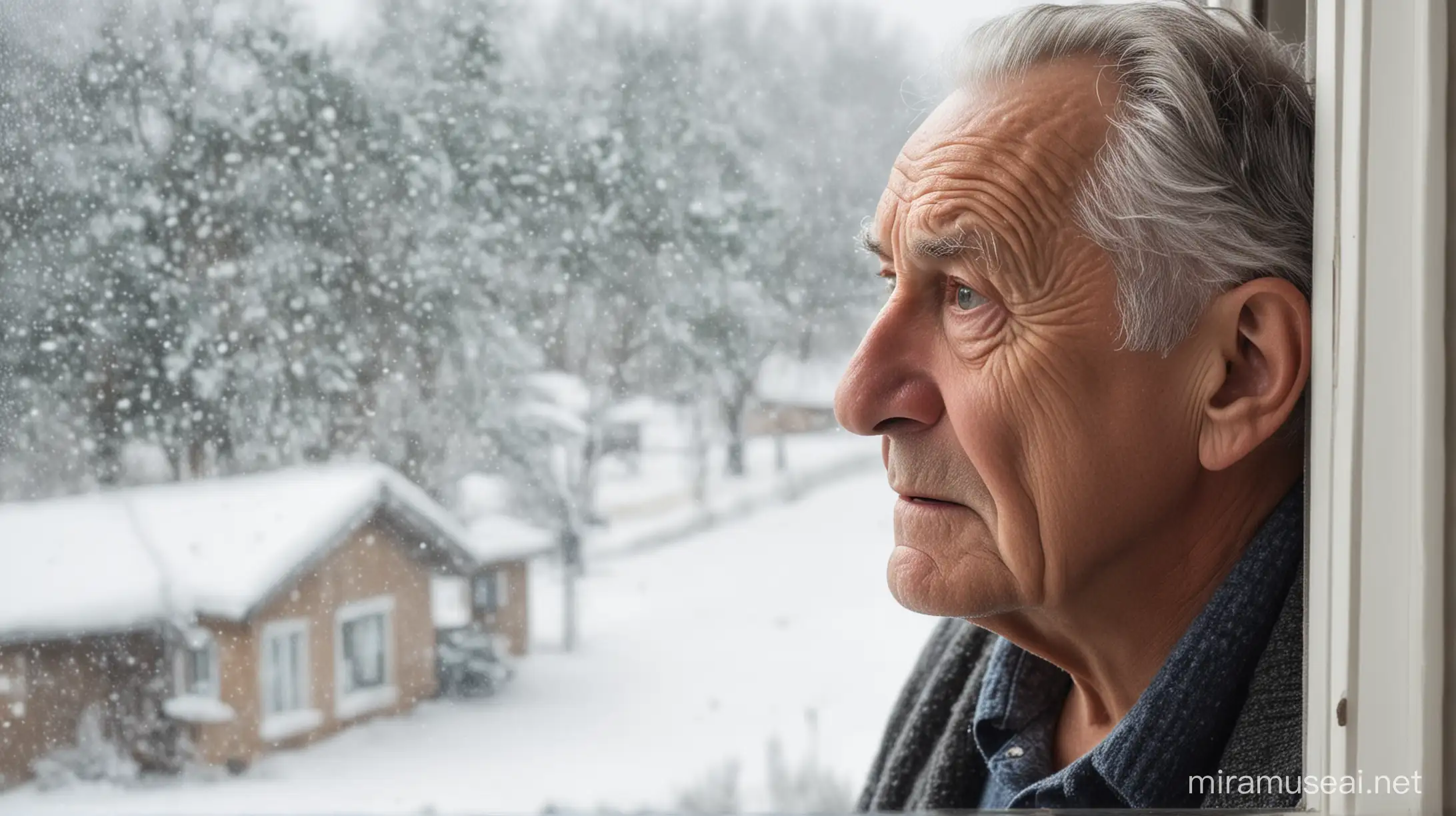 Elderly Man Gazing Out Window at Snowy Landscape