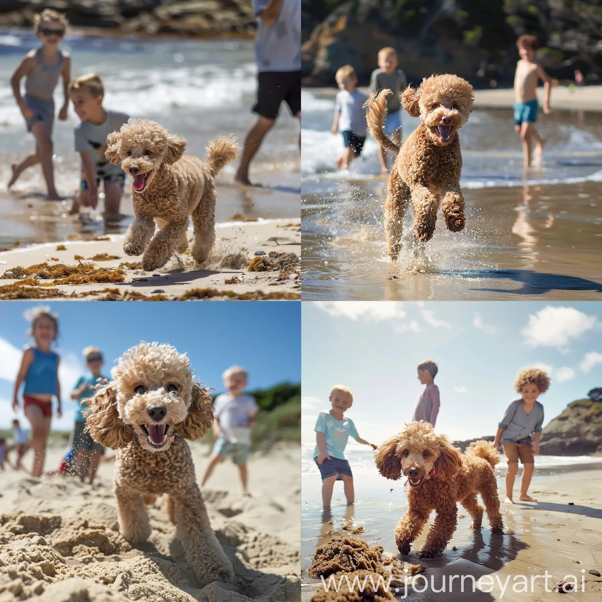 caniche feliz, jugando en la playa, con niños