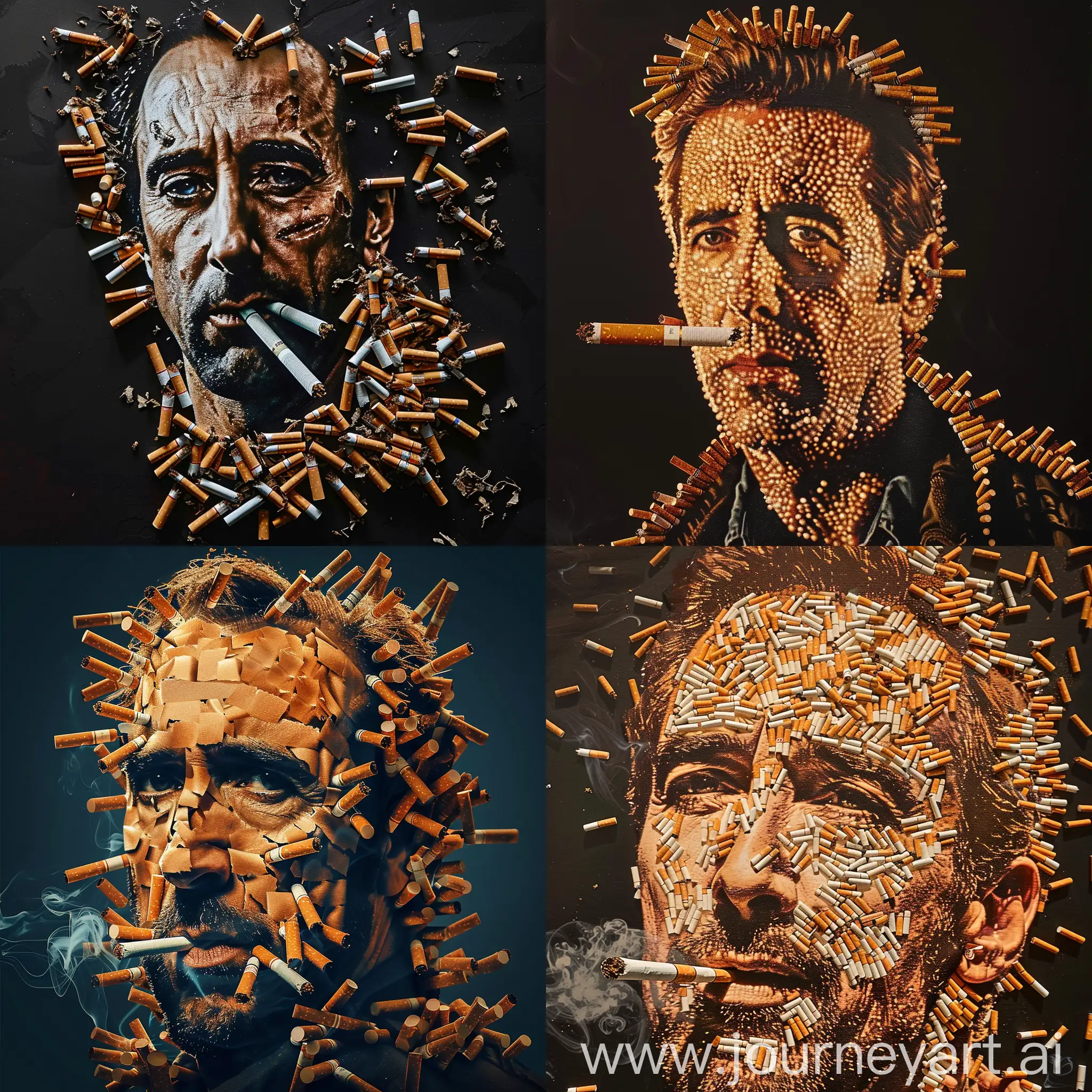 generate a photorealist image of nicholas cage made out of cigarettes like int lord of war movie poster