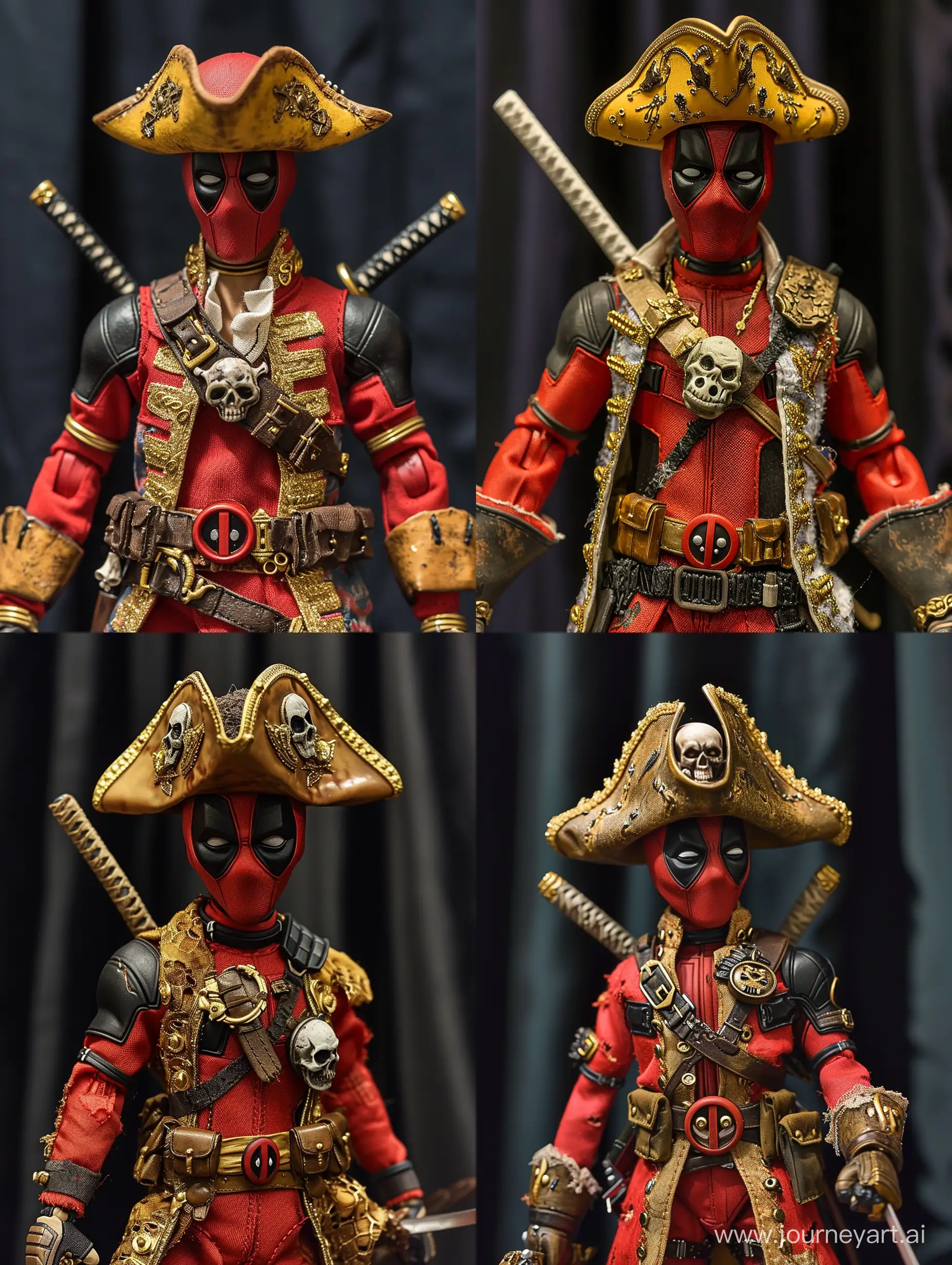 A figurine of Deadpool, the popular superhero, is dressed in a pirate costume. He wears a tricorn hat adorned with gold trim and a sword. His outfit includes a red coat with gold accents and a gold sash. He also wears a gold belt with a skull buckle. The background is a black curtain.