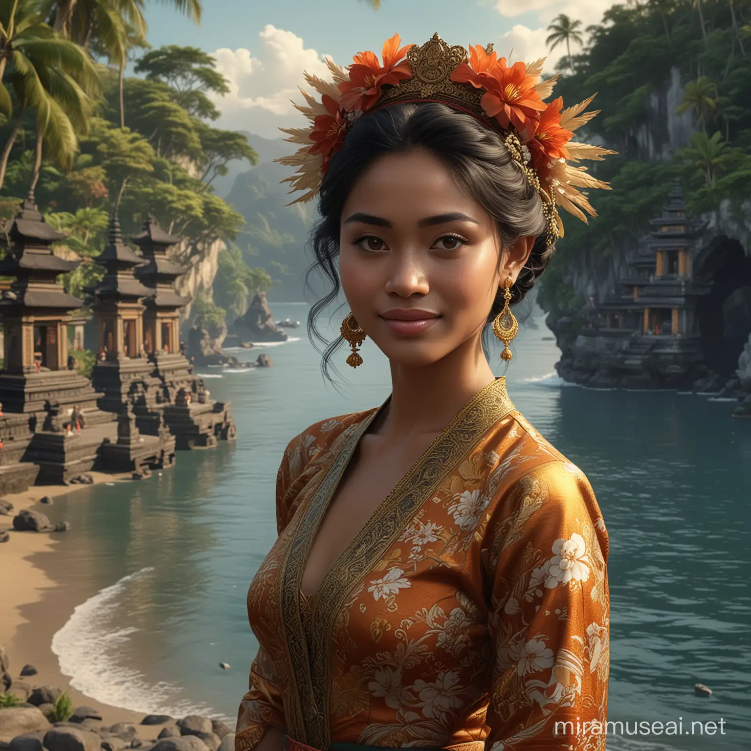 A beautiful pure black haired (Balinese:1.35) woman photo realistic portrait, donning Traditional Balinese Kebaya going to pray at the Temple nearby at Nusa Penida beach and smiles, insanely detailed and intricate background nature scene with some other characters and objects, a masterpiece cinematic photo realistic illustration of Color Comic Maestro Don Lawrence, super detailed, high resolution, full vibrant color, volumetric lighting, octane render, night time