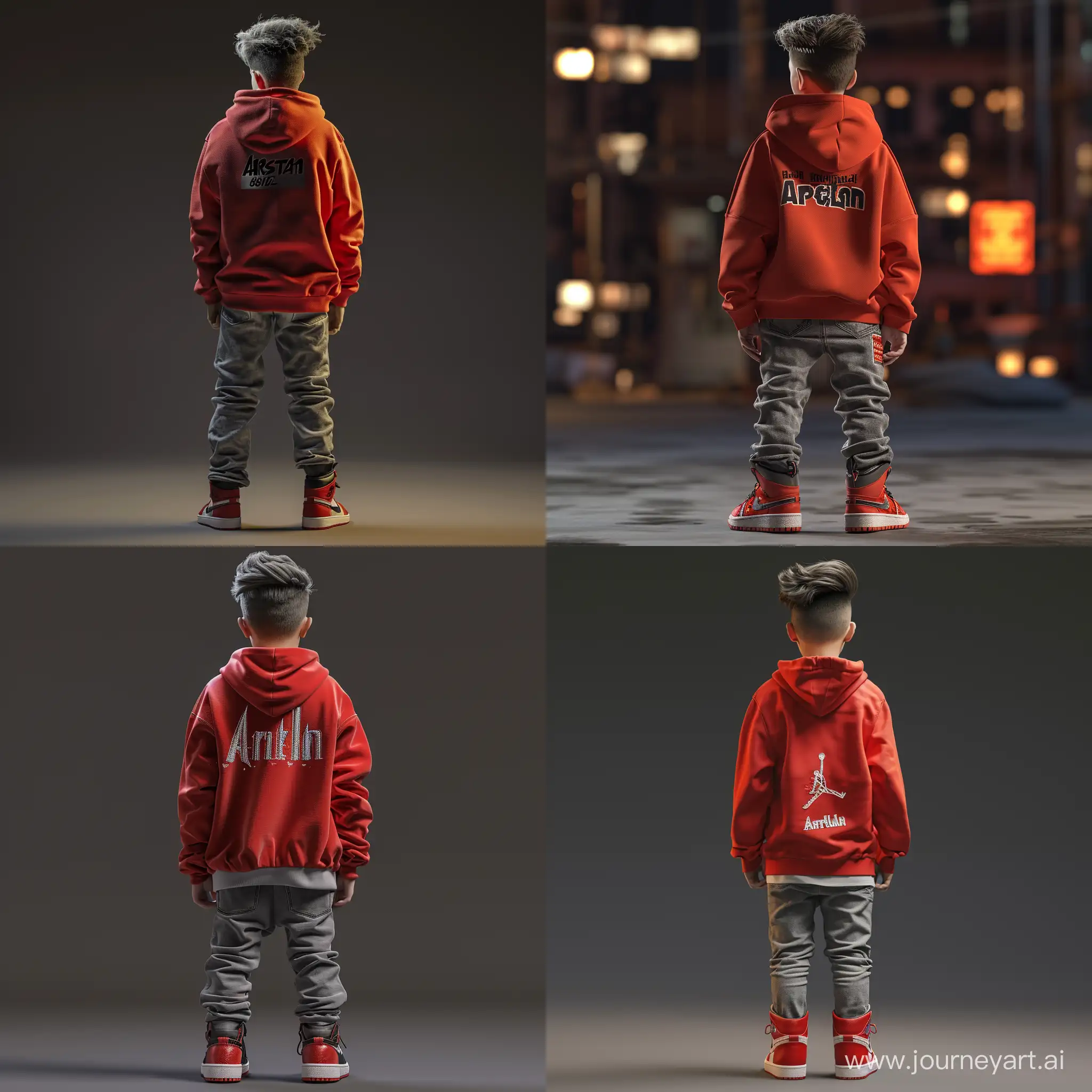 20 year's year old boy with slick hairstyle wearing a Red hoodie, the back of the hoodie should have the words "Arslan" written on them, Jordan shoes, and some grey jeans back to camera. Evening shot, 8k, photorealistic --v 6