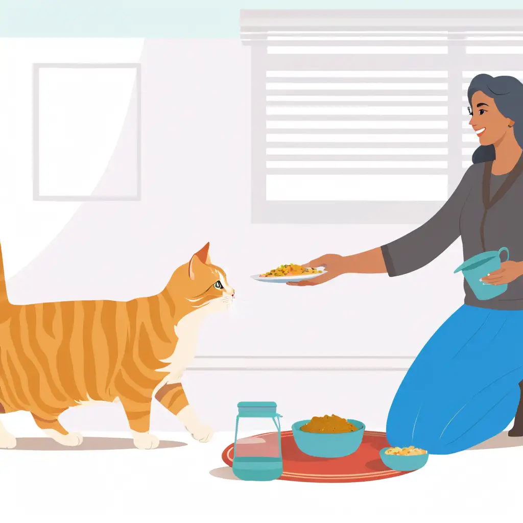 хозяйка протягивает руку чтобы накормить кота, а кот идет к хозяйке
хозяйку и кота видно полностью. хозяйка молодая современная девушка