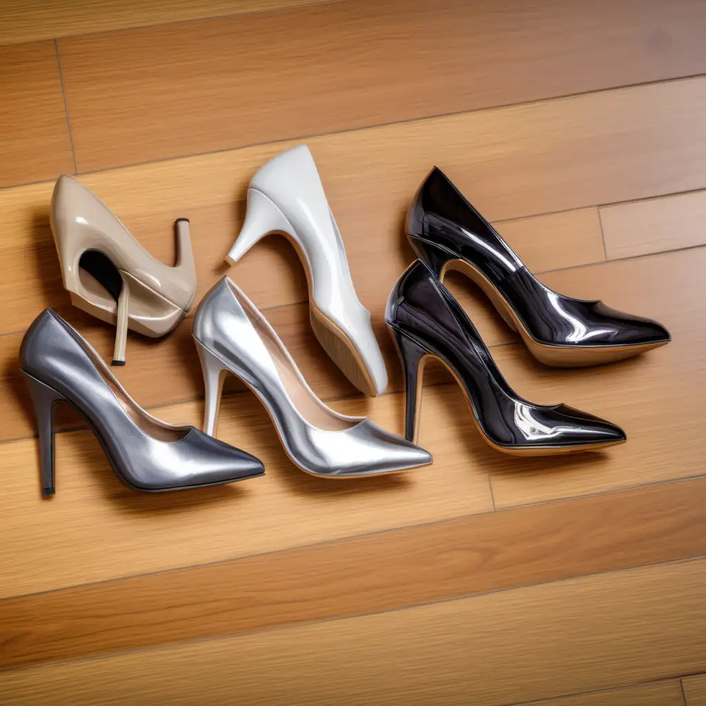 Elegant High Heel Shoes Arranged on Laminated Wood Floor
