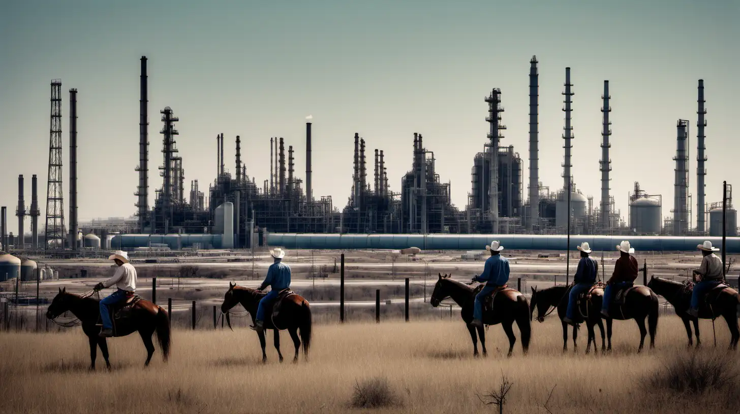 Cowboys on Horses Overlooking Industrial Refinery Complex