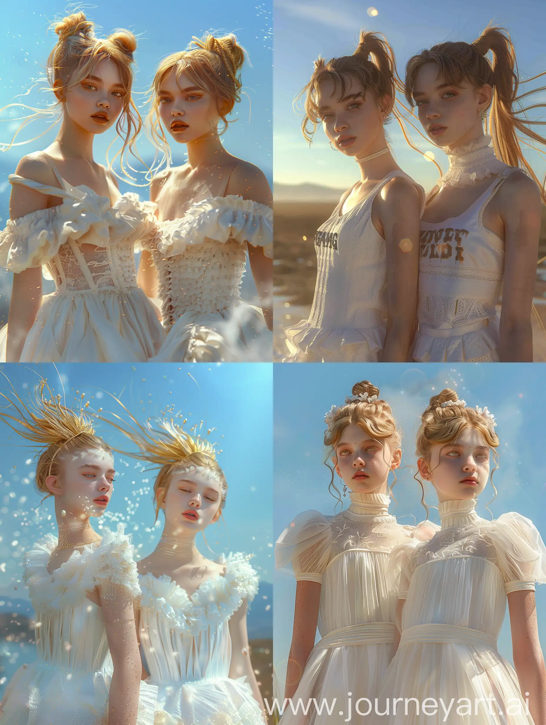 Ethereal-Twins-in-White-Balenciaga-Dresses-against-a-Serene-Landscape-under-a-Blue-Sky