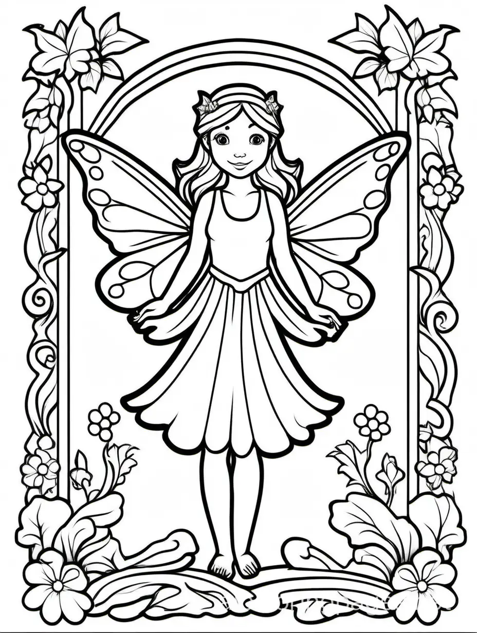fairy for kids, Coloring Page, black and white, line art, white background, Simplicity, Ample White Space. The background of the coloring page is plain white to make it easy for young children to color within the lines. The outlines of all the subjects are easy to distinguish, making it simple for kids to color without too much difficulty