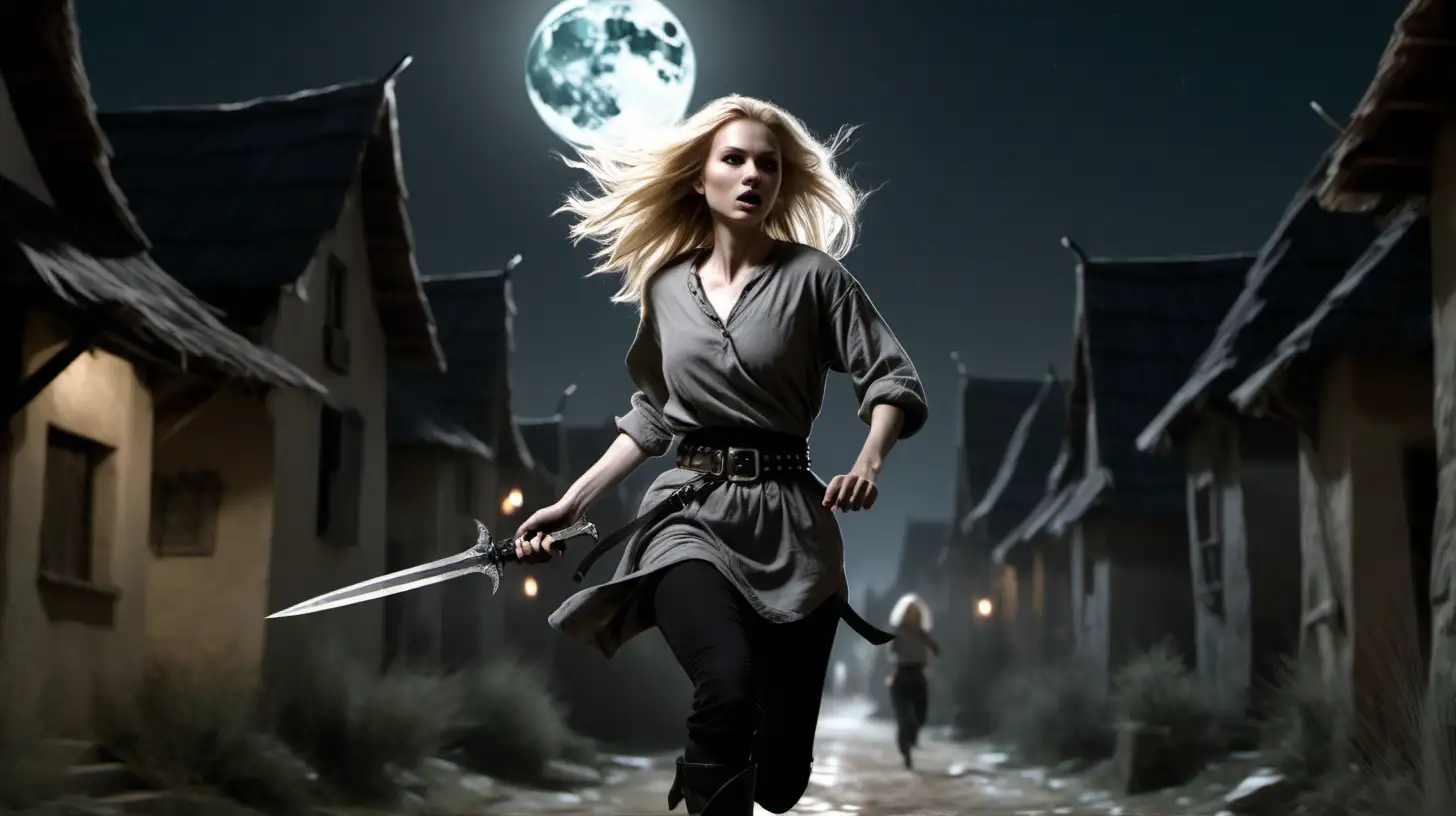 a woman with flowing blonde hair in a short grey tunic and black pants holds a small dagger as she runs through a village in the moonlight. she has a weapons belt strapped to her waist and knee high black boots

