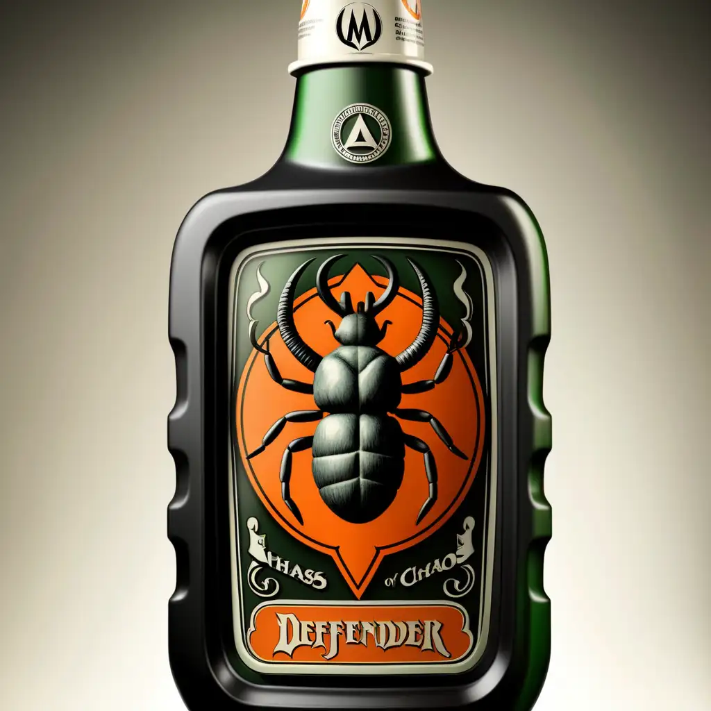 bild einer Zecke in der Mitte auf eine Jägermeisterflasche mit der Aufschrift (Defender of Chaos)



