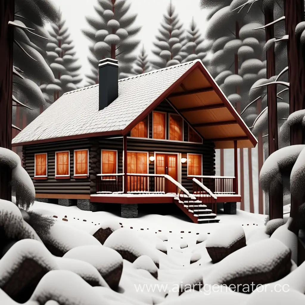 karlı bir orman içerisinde kulübe evi