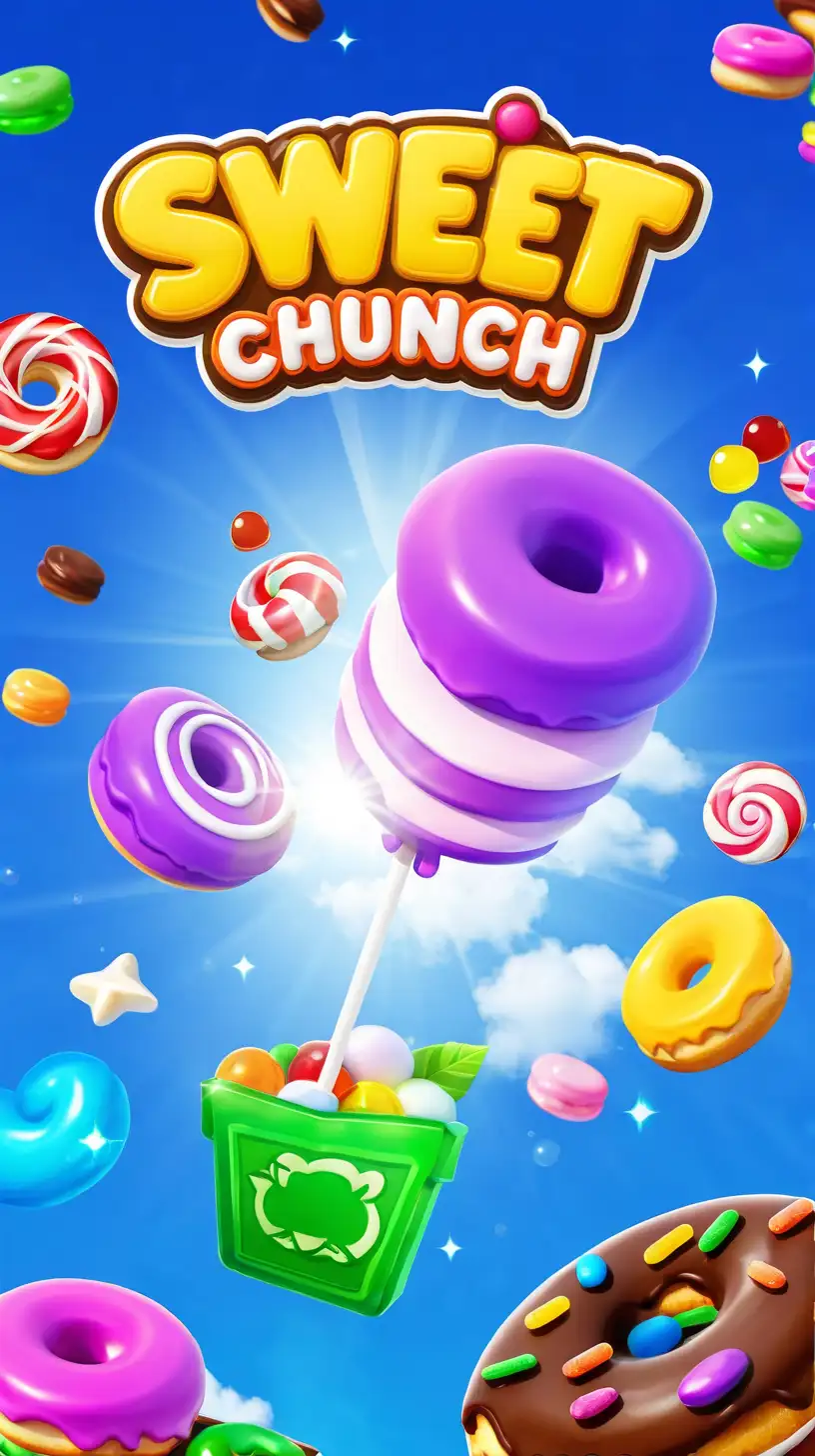 The game logo of the mobile casual games is called "SWEET CHURCH". It features colorful cartoon characters and candies, such as chocolate donuts, lollipops, candy canes, marshmallows, and gummy bears, floating in midair with vibrant colors. The background includes a bright blue sky, creating an atmosphere full of joy and sweet essence. A large title text reads 'Sweet Church' on top, while small decorative elements add to its overall visual appeal