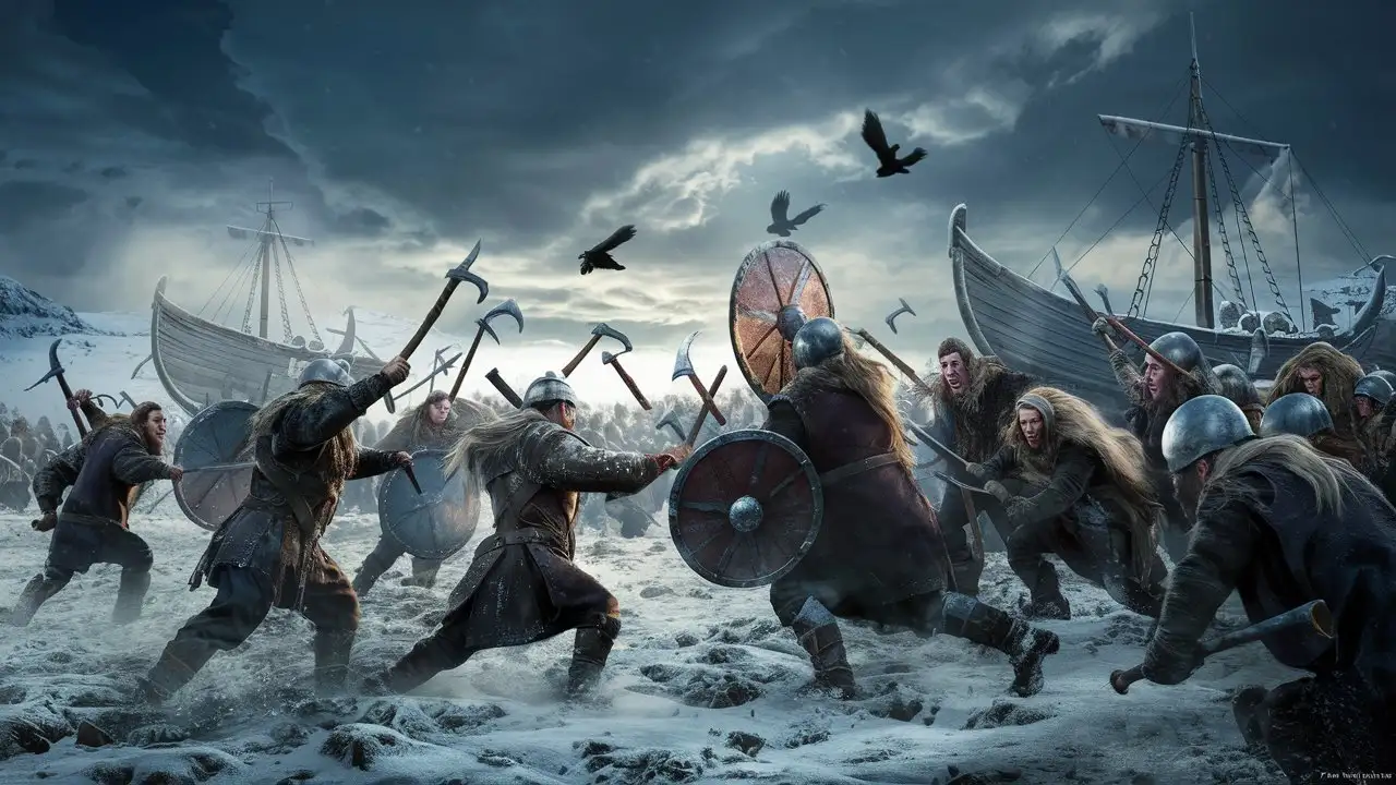 Desenhe uma cena épica de batalha viking, com os guerreiros nórdicos empunhando machados e escudos enquanto enfrentam seus inimigos em um campo de batalha coberto de neve. Ao fundo, um longship viking pode ser visto atracado em um fiorde gelado, enquanto corvos voam sobre o campo, adicionando um toque sinistro à cena. O céu está dramático, com nuvens escuras se formando, indicando uma tempestade iminente, refletindo a natureza feroz e imprevisível dos Vikings.
