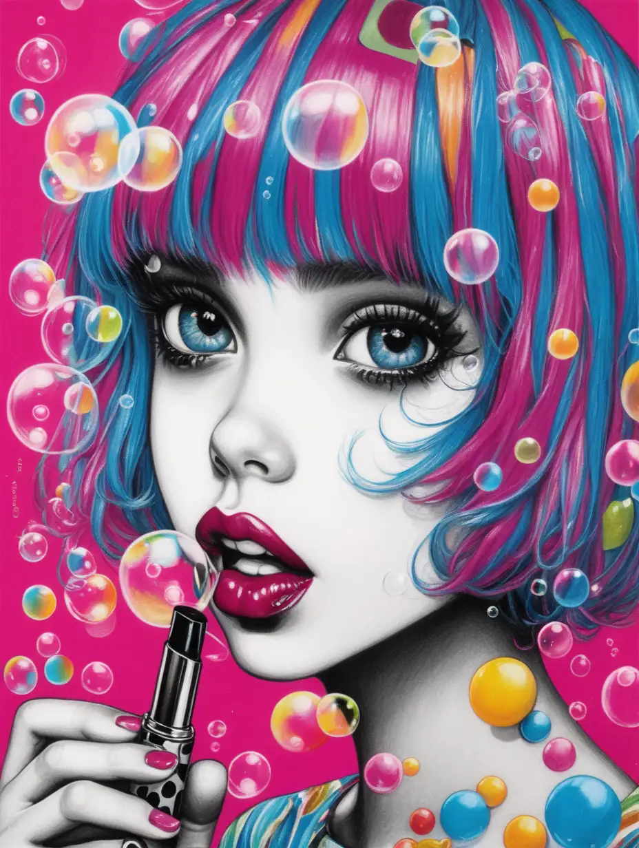 Eclectic Artistic Woman Surrounded by Whimsical Bubbles and Vibrant Lipstick
