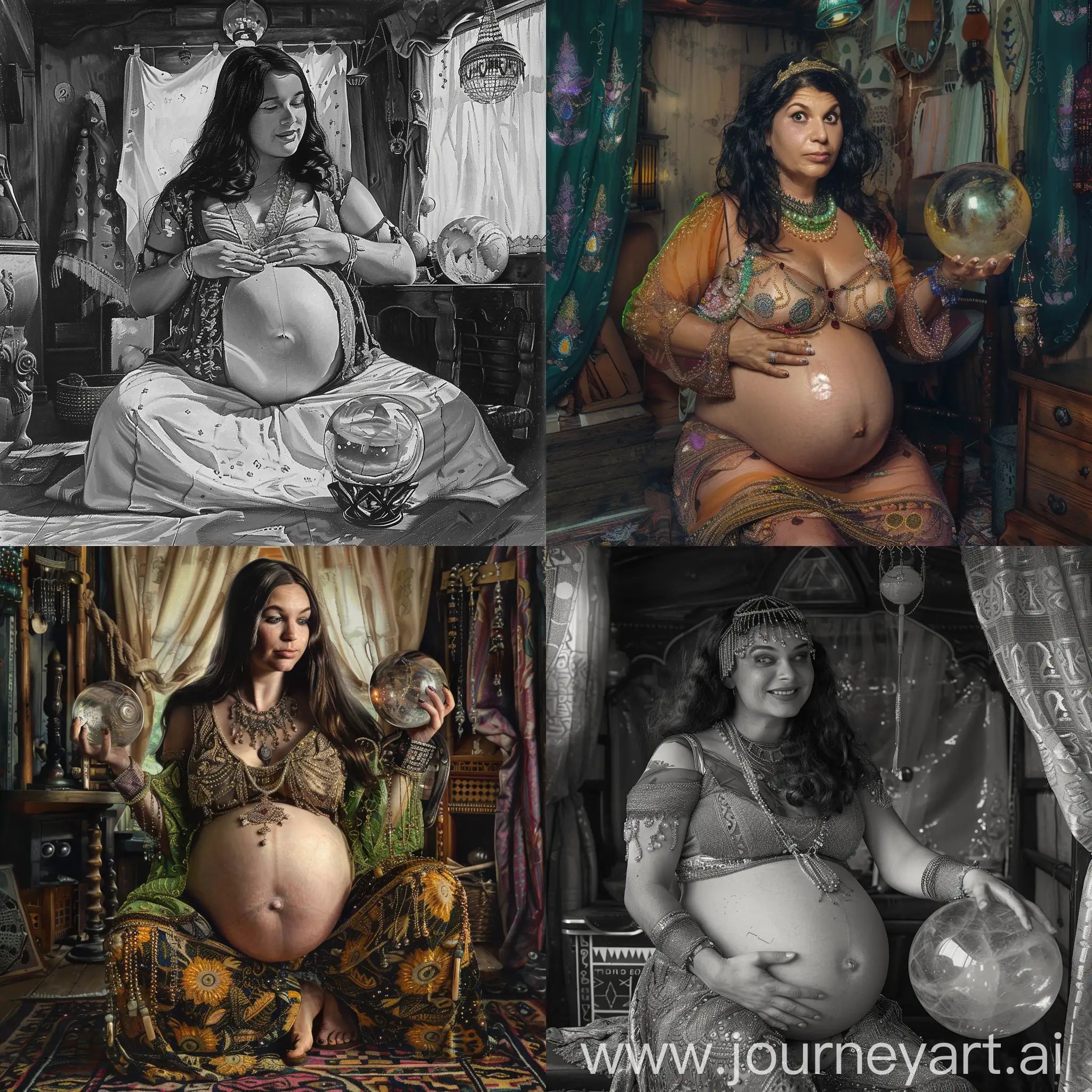 Madam Irina: The 28 year old Romanian Born Fortune Teller. She resides in her cabin with her Crystal Ball. She's very pregnant, Her pregnant belly is so very large. Bare Pregnant belly.