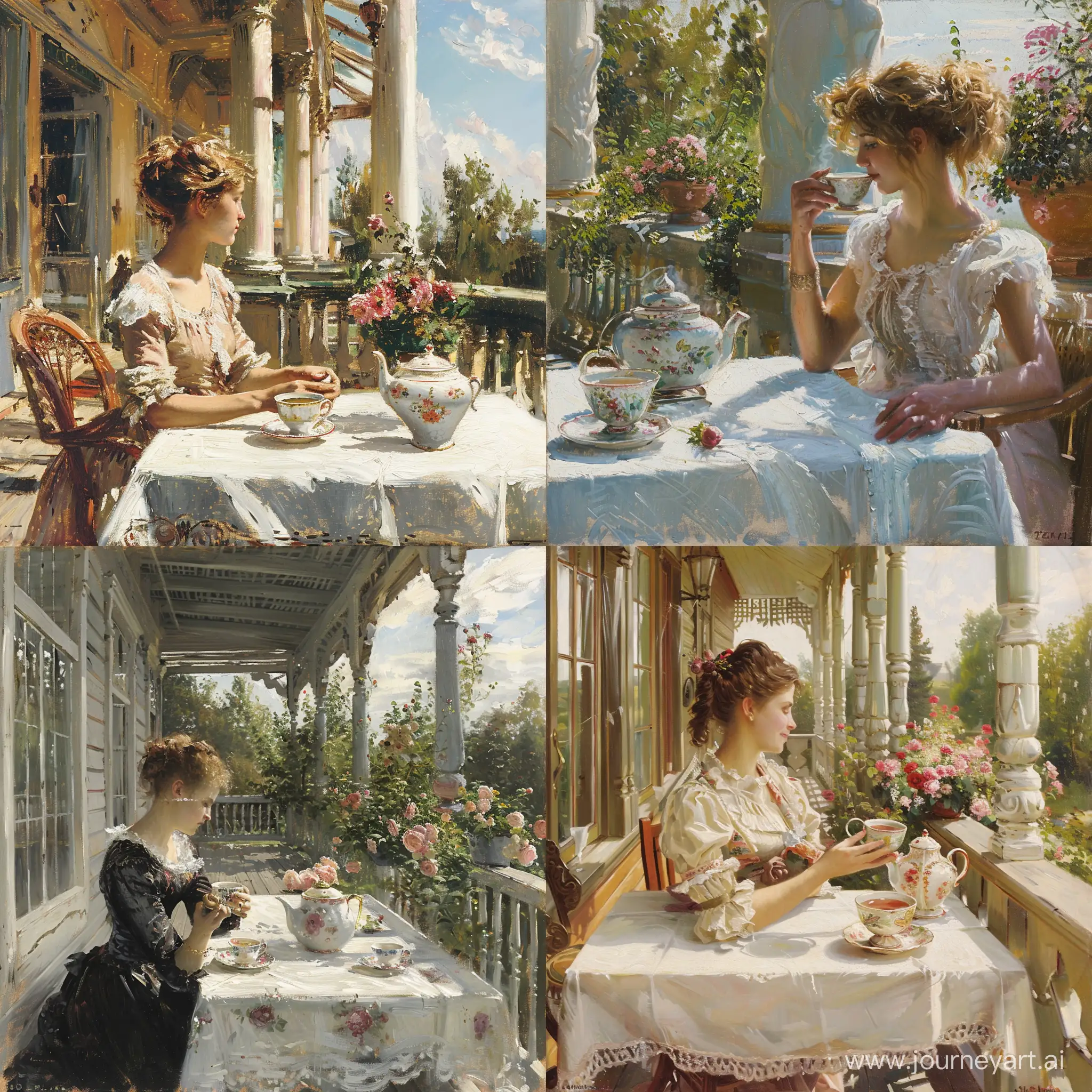 Impressionism of the XIX century in the Russian Empire. On the veranda of the estate at the table sits a woman, turned sideways, holding a cup of tea. On the table is a white tablecloth, a porcelain teapot, flowers, style raw