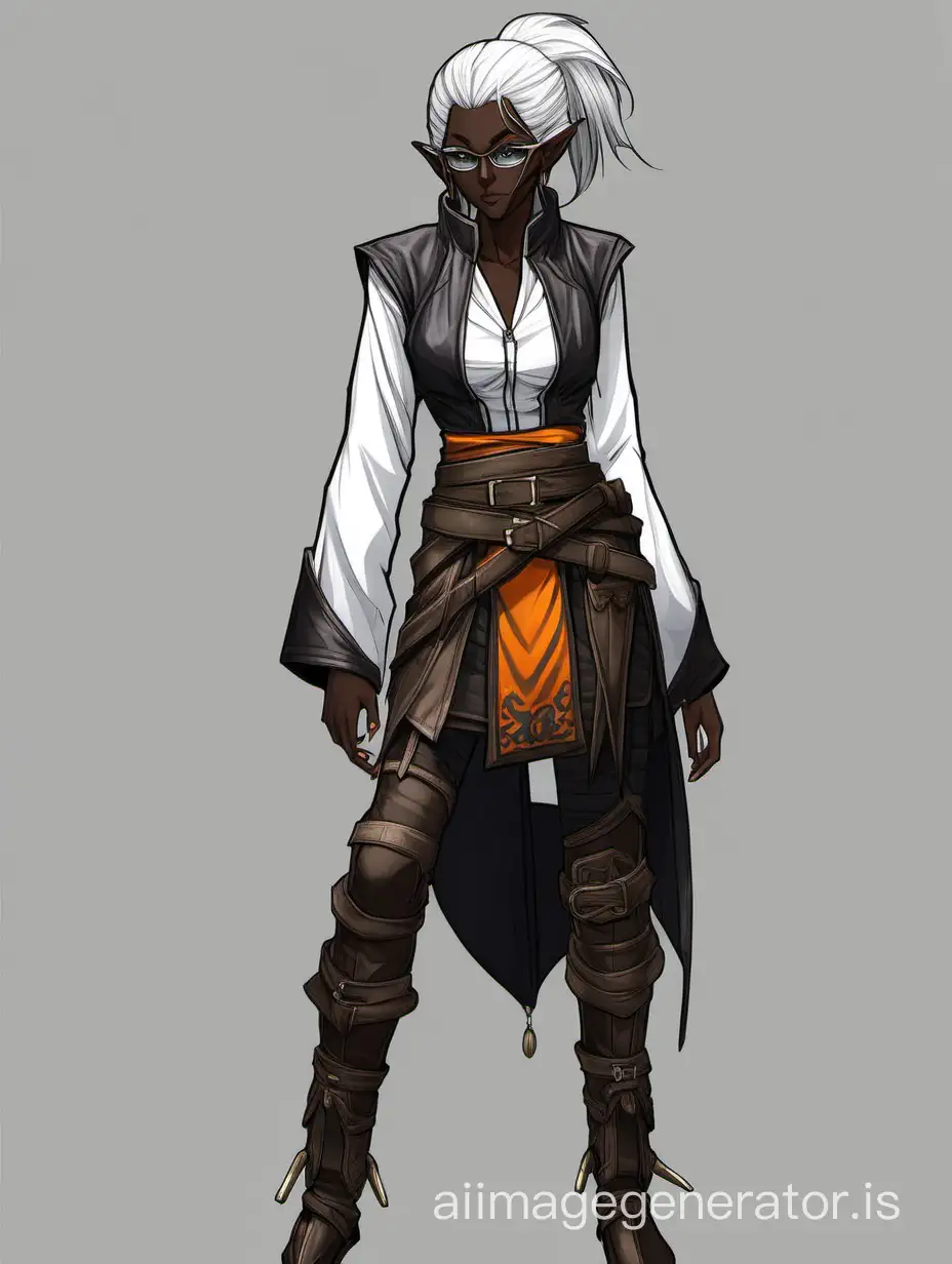 Fantasy RPG Character, (Full-body character portrait), (((dark elf))), pointed ears, ((dark skin)), bare legs, messy white hair, short hair braids in front, medium size chest, cute, intricate clothes, thick leather belt with lots of pouches, round glasses, dark gray pleated short skirt, knee high boots with covered toes, sleeveless dark leather vest-coat with long tails, dark leather bracers, white color kung fu style shirt with mandarin collar, anime