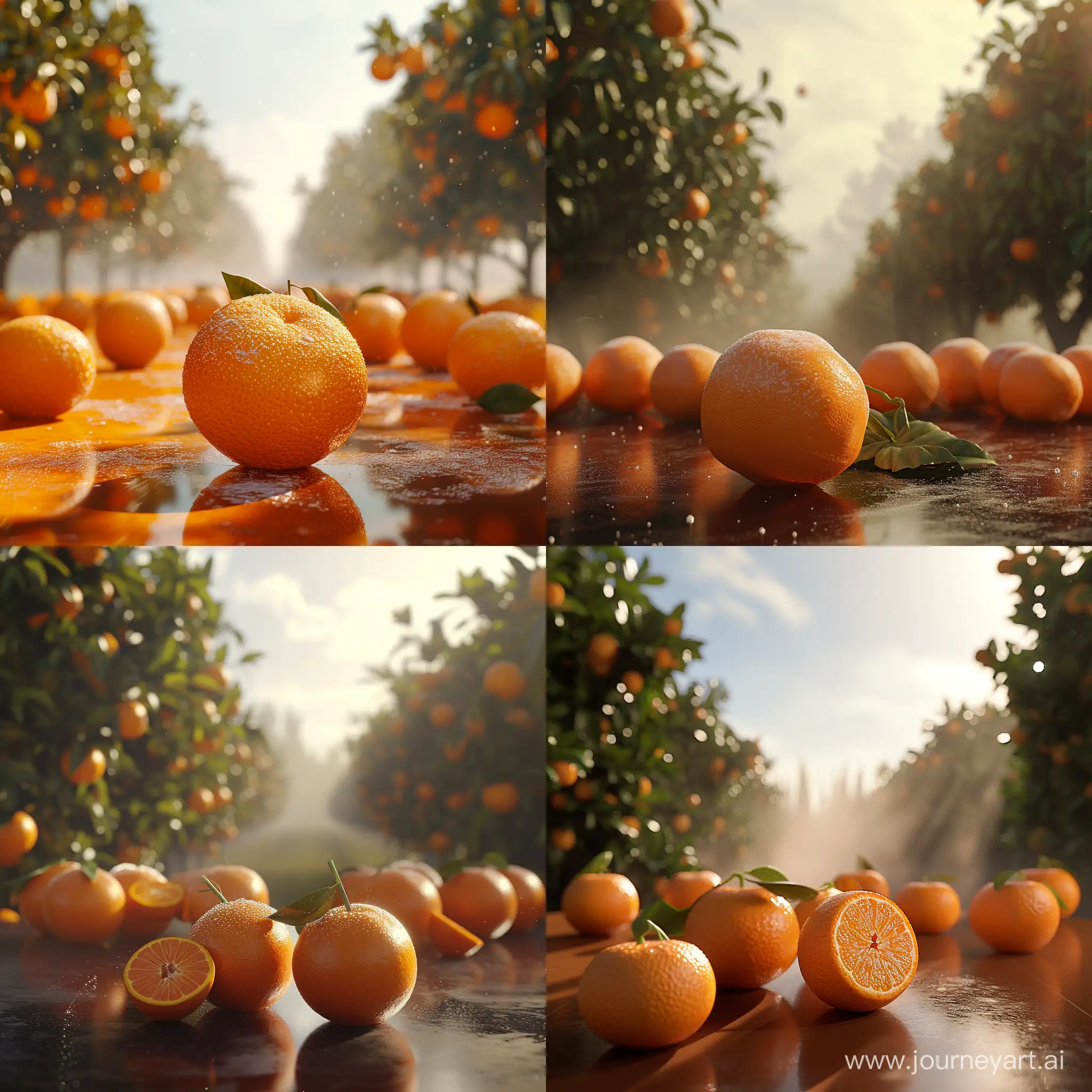 橙子产品宣传图，产品放在桌子上，桌子上有多个橙子，背景是一望无际的果树，朦胧的光线从远处射出来，落在产品上，75毫米的照片，景深效果，逼真，详细，crynengine渲染器，光线追踪，环境光遮蔽，体积光照，32k