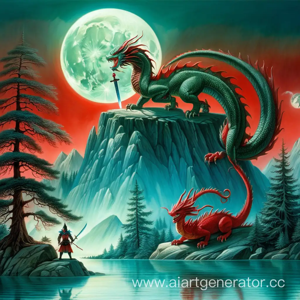 шар, горы  мифические, зелёное небо, синие ели, красная луна , богатырь с мечом, мифический, водяной дракон, озеро