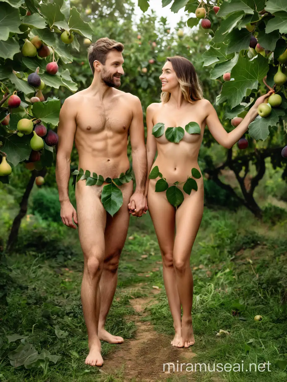 Caucasian 30 years old couple as Eve and Adam naked  in Eden garden, female breast covered with fig leaves, apron made of fig leaves cover naked figures, woman offer apple to man. Full body portrait, looking straight to camera. Beauty paradise forest landscape with hills and nice animals and birds on the background, 