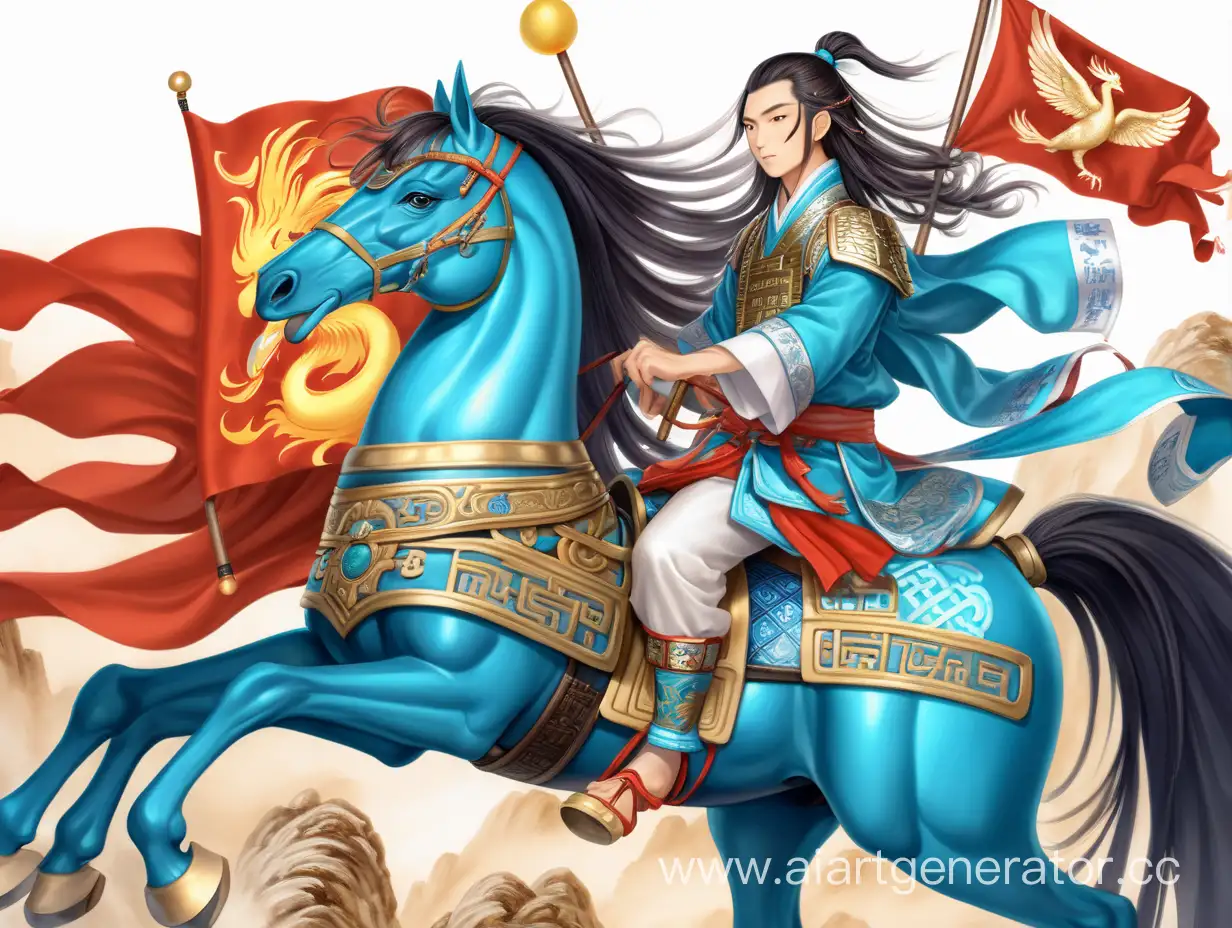 Молодой человек мужчина айдол мальчик с длинными волосами красиво одет как принц китая император едет на коне с флагом на котором изображён феникс флаг голубого цвета