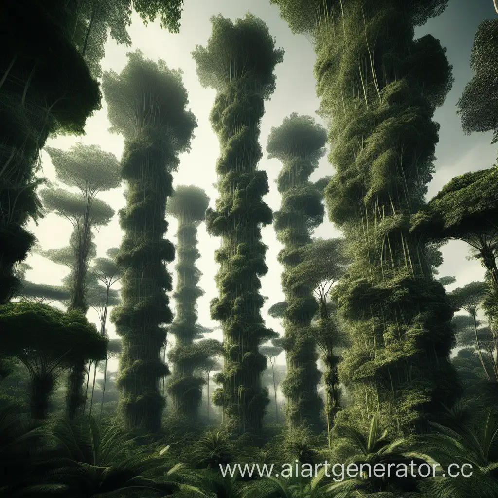 Огромное сплетение миллионов деревьев между собой, образующее колонну высотой в множество метров в джунглях