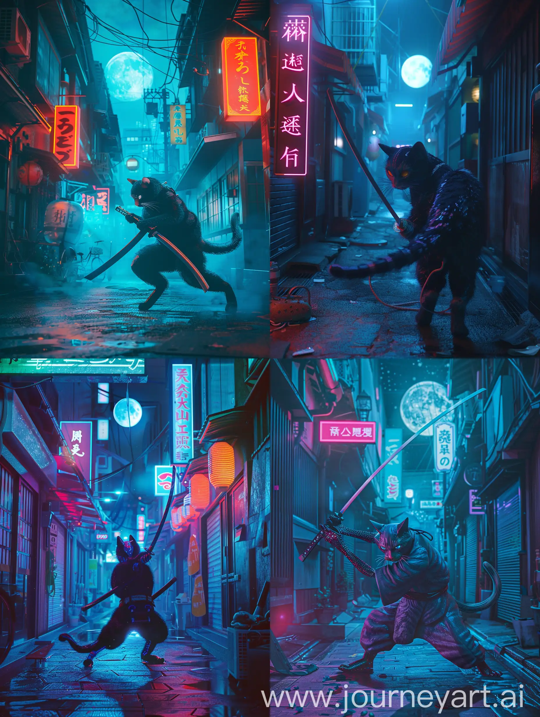 japanese futuristic bladerunner 2044 style, a cyberpunk cat ninja action with katana sword  in a pristinely clean urban alley, at night with afull moon, and lit by neon signs in japanese