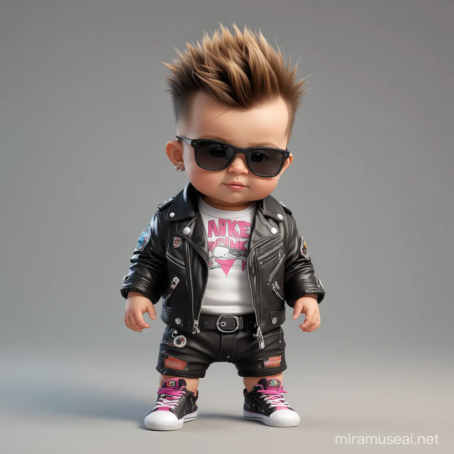 4k Cute cartoon baby punk with sunglasses and colored crest wearing leather jacket and diaper and nike sneakers