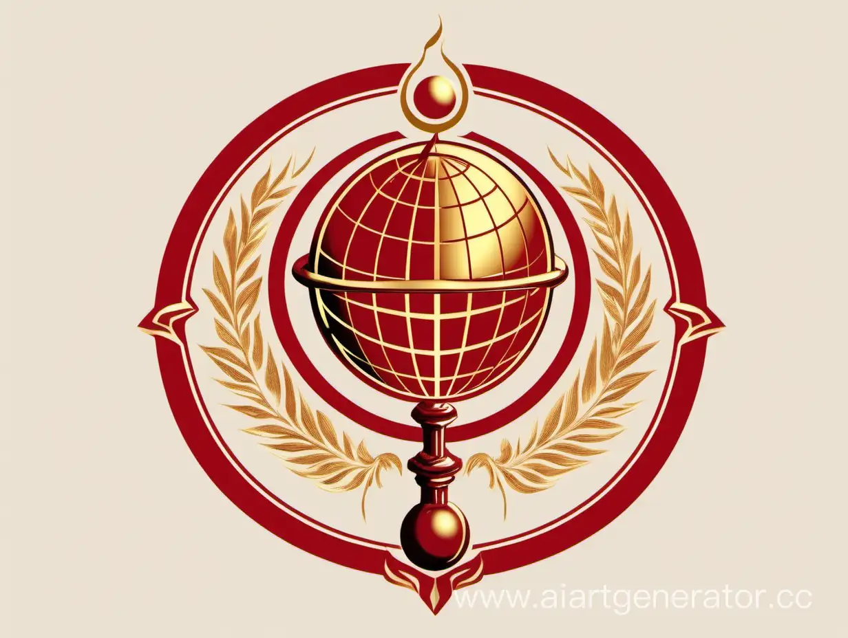 Логотип состоящий из красного цвета и золотого на котором изображен глобус а по центру атлант держайший факел 