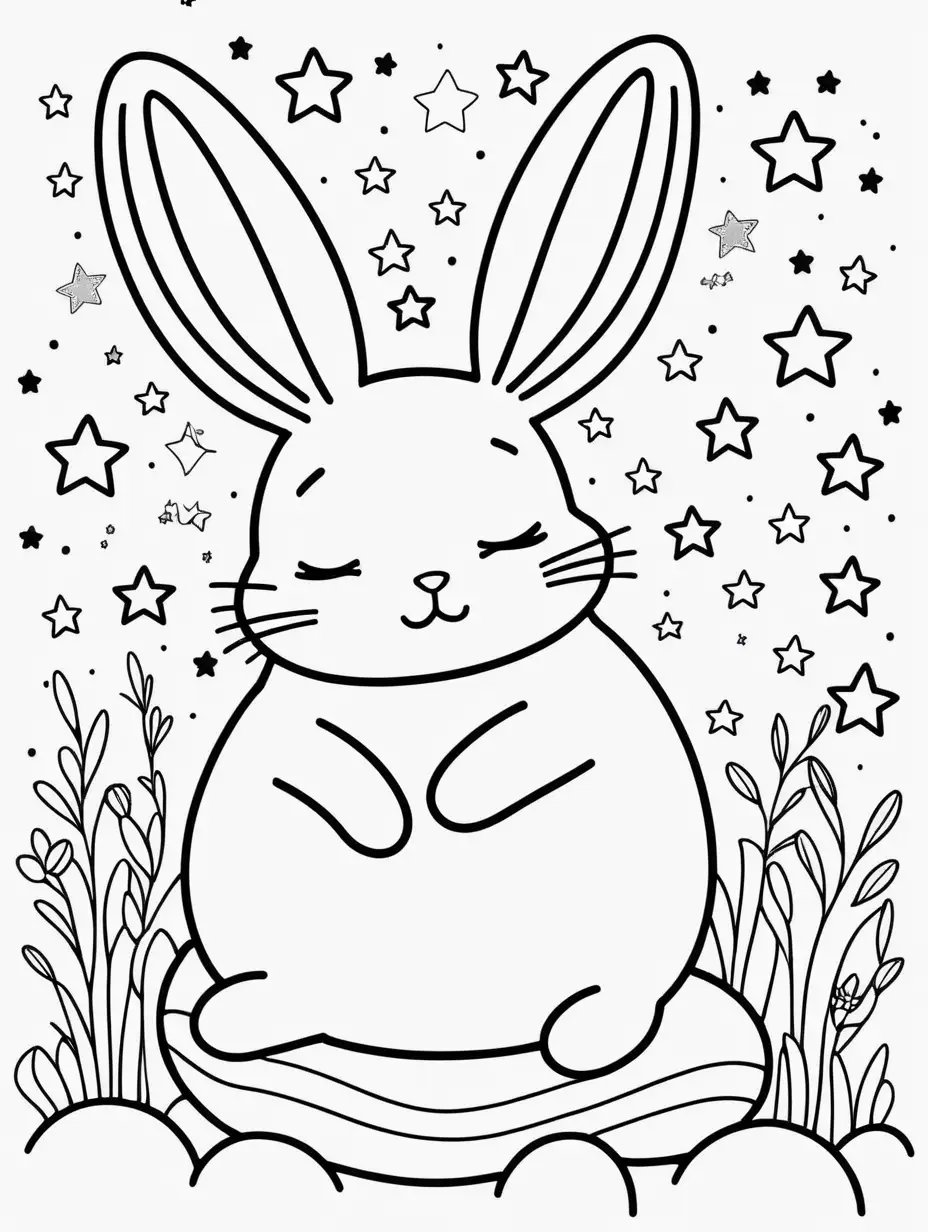 coloring page with a cute kawaii bunny, the bunnyis sleeping on a pillow, little stars all around it, black lines and white background