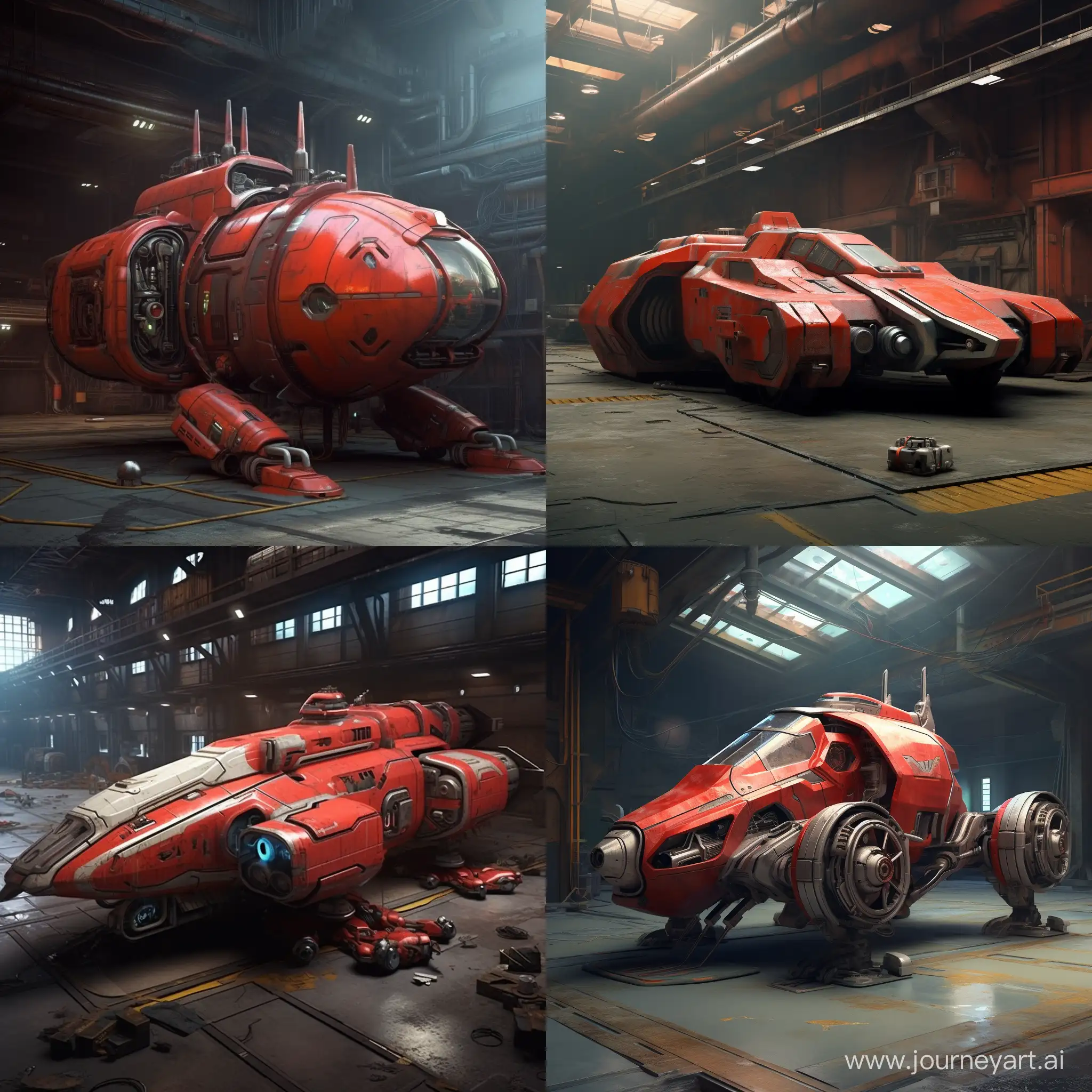 Red spacecraft, retro sci-fi style. Rough industrial details, long fenders.
