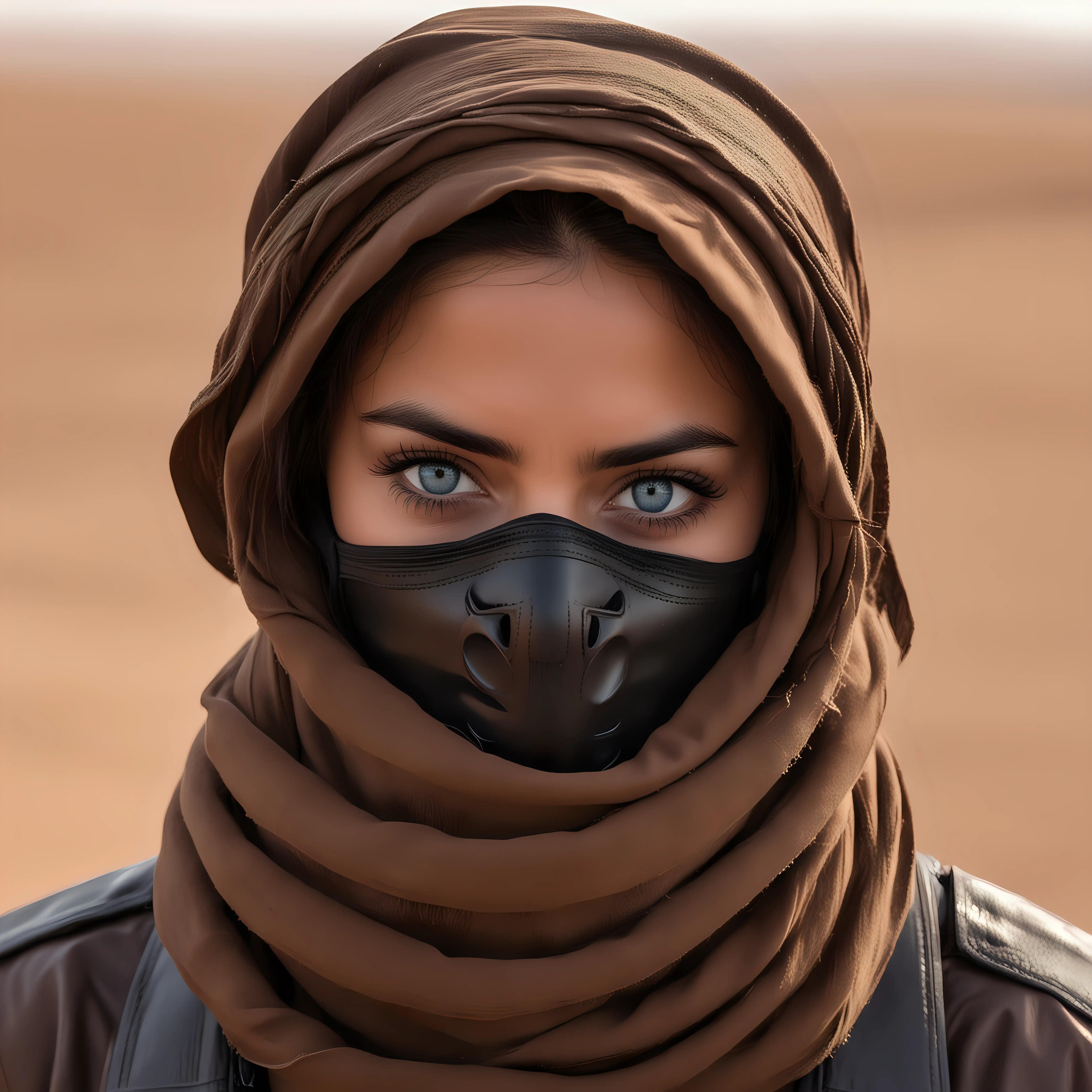 DarkSkinned Woman in Brown Leather and DuneStyle Mask with Desert Landscape