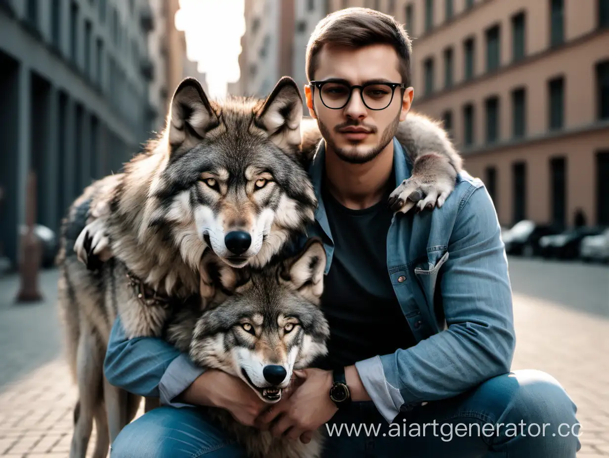 Красивый парень в очках и джинсе обнимает  двух животных волков. Город. 