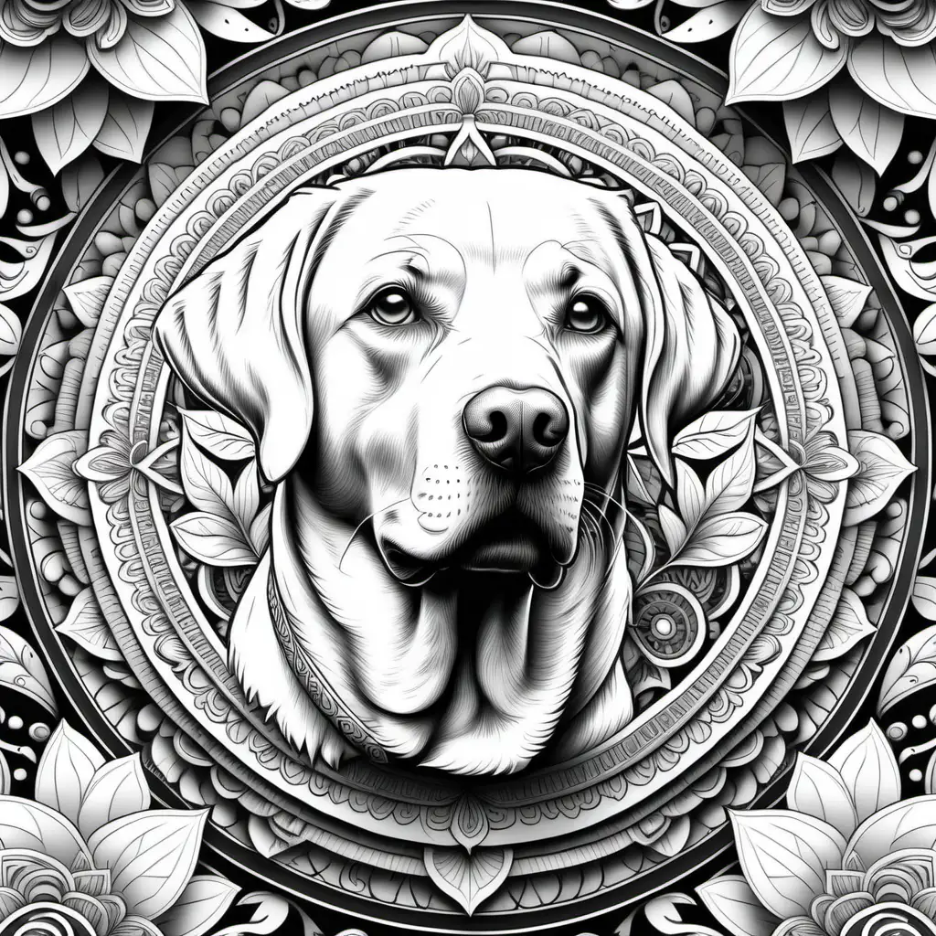 adult coloring book, black and white, best linework, no color. 3D illustrated portait of highly detailed, perfectly symmetrical mandala with nature details and centered realistic full body of  white labrador retriever