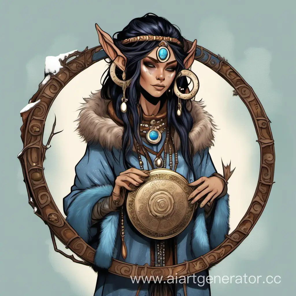 Темноволосая девушка эльф
 шаман с украшения в волосах в теплой коричнево-синей меховом тулупе с большим тамбурином украшенным бубенцами