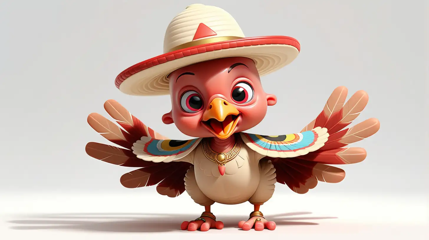 Sticker,Cartoon, cute tan and red baby Turkey, peach colored eyes, egyptian sandals, sombrero hat, skydiving, white background, Vermeer style, 12k, high quality, HD, octane render, cinematic lighting