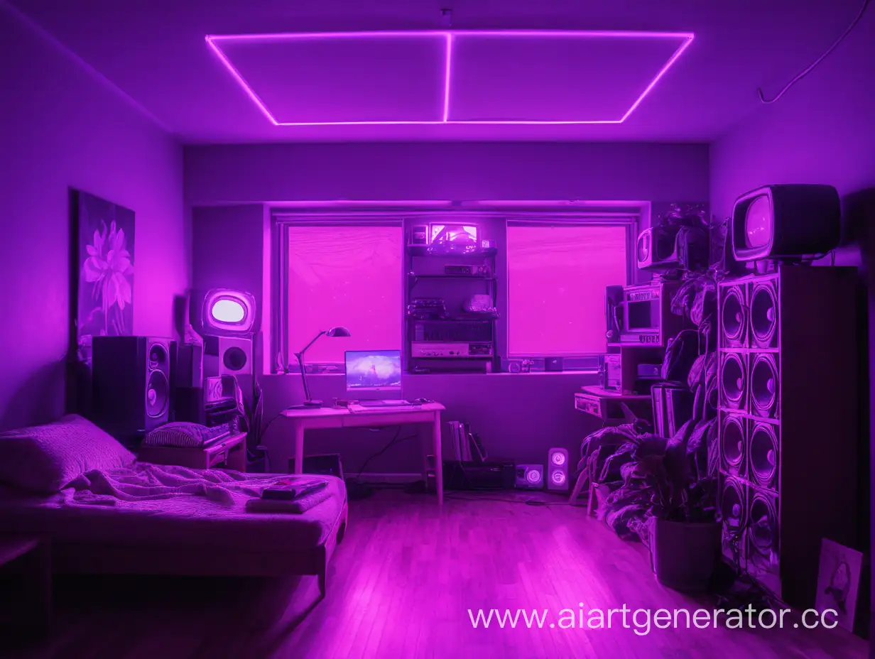 a lo-fi room illuminated by purple light
