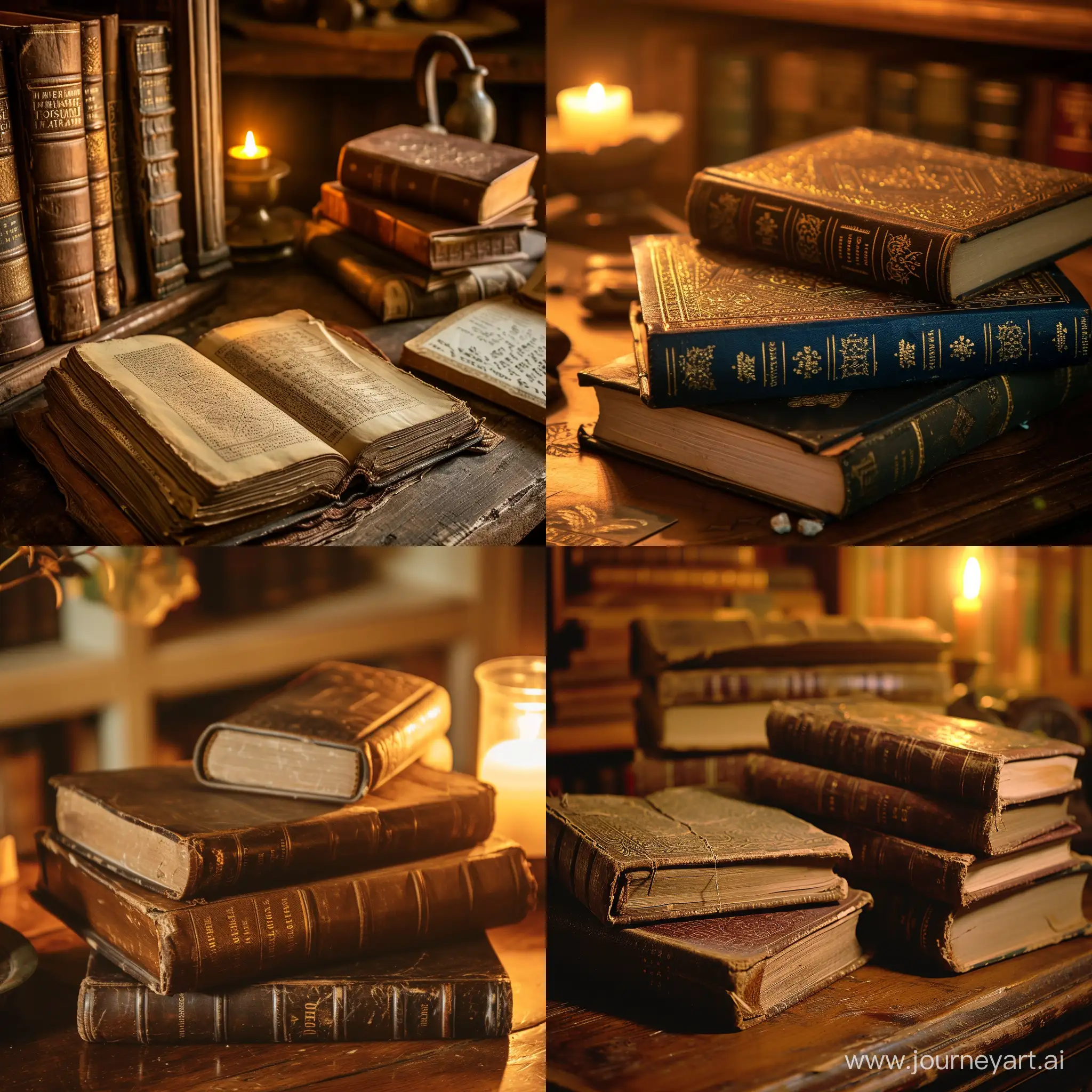 Ancient books on a desk with warm lighting