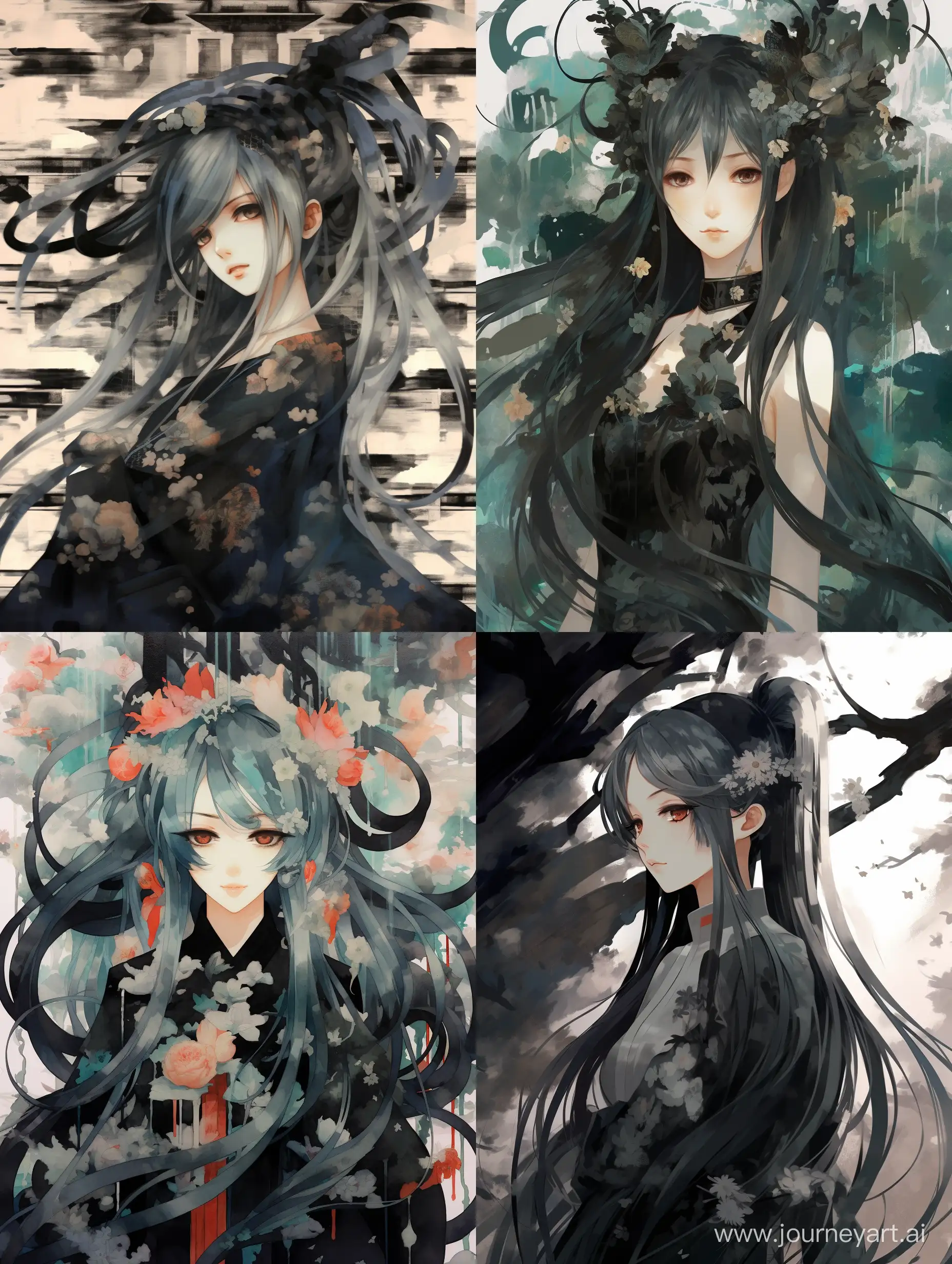 Hatsune miku but painted in an old black and white Chinese painting 
