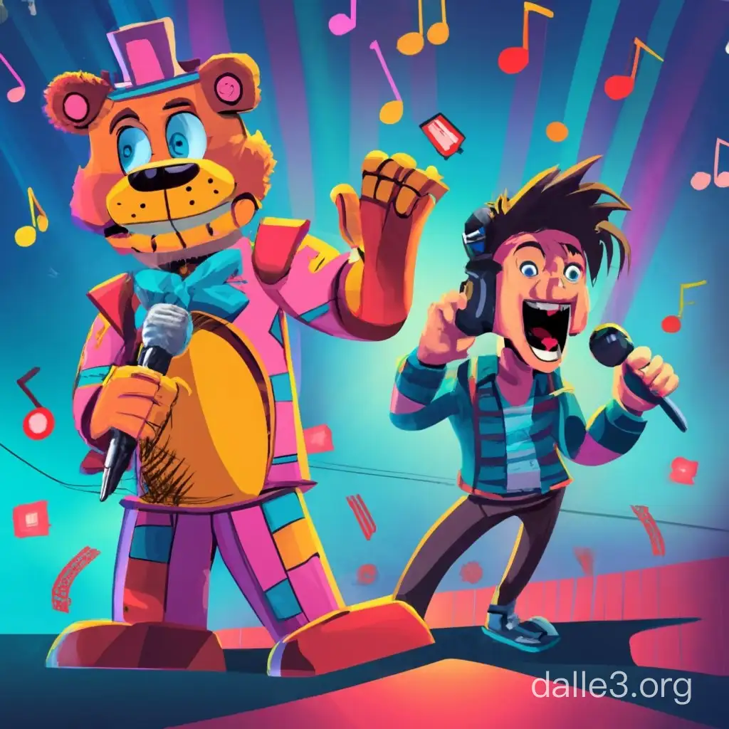 an illustration of freddy fazbear with youtuber markiplier singing