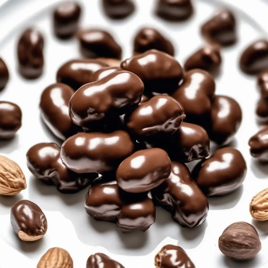 bunch of few fully chocolate covered peanuts seeds joined together into one single chunk on a white plate