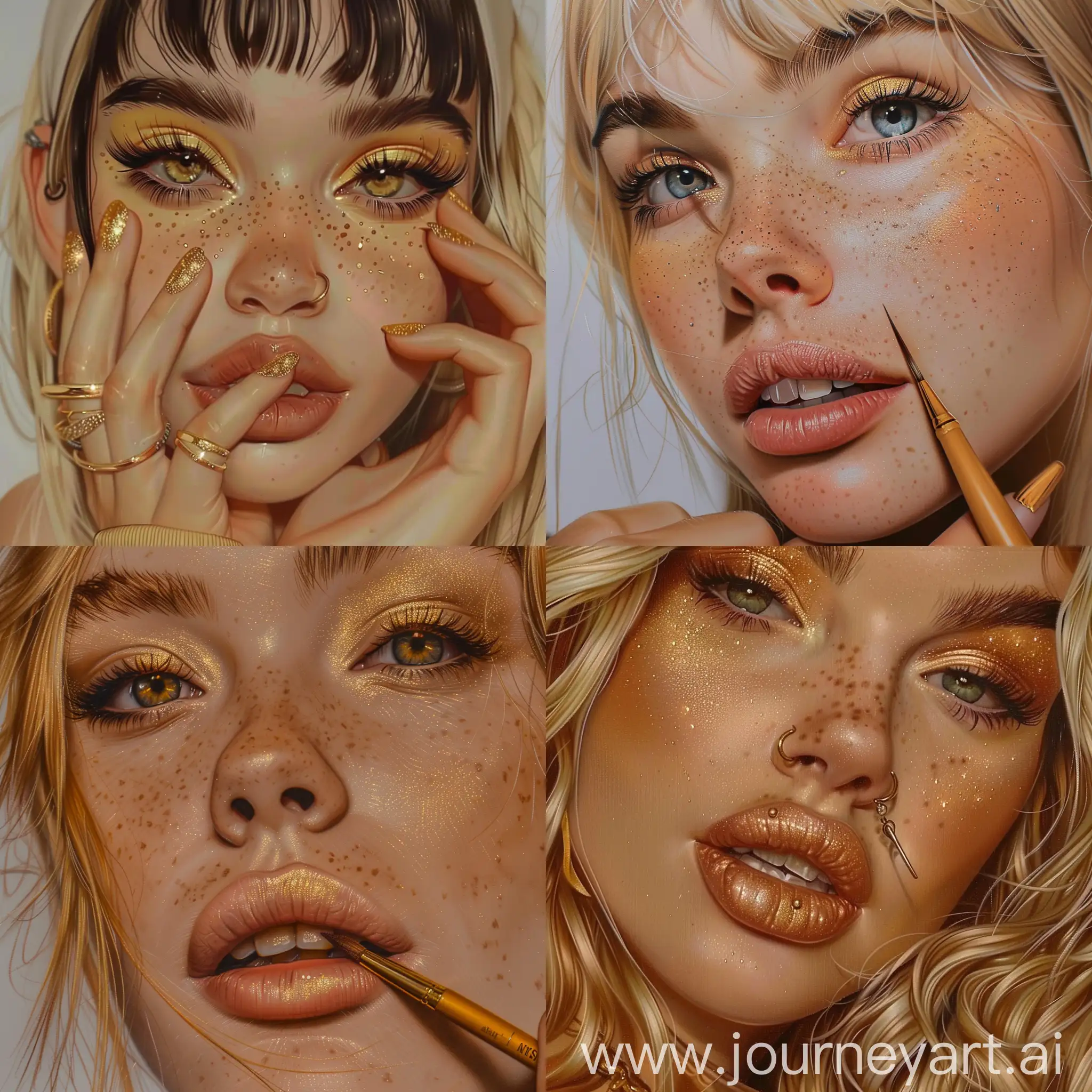 drawing by nathan coker realism drawings comics, in the style of realistic hyper-detail, rachel maclean, gold and beige, lilia alvarado, glittery and shiny, andrzej sykut, realistic and hyper-detailed renderings, in flat style