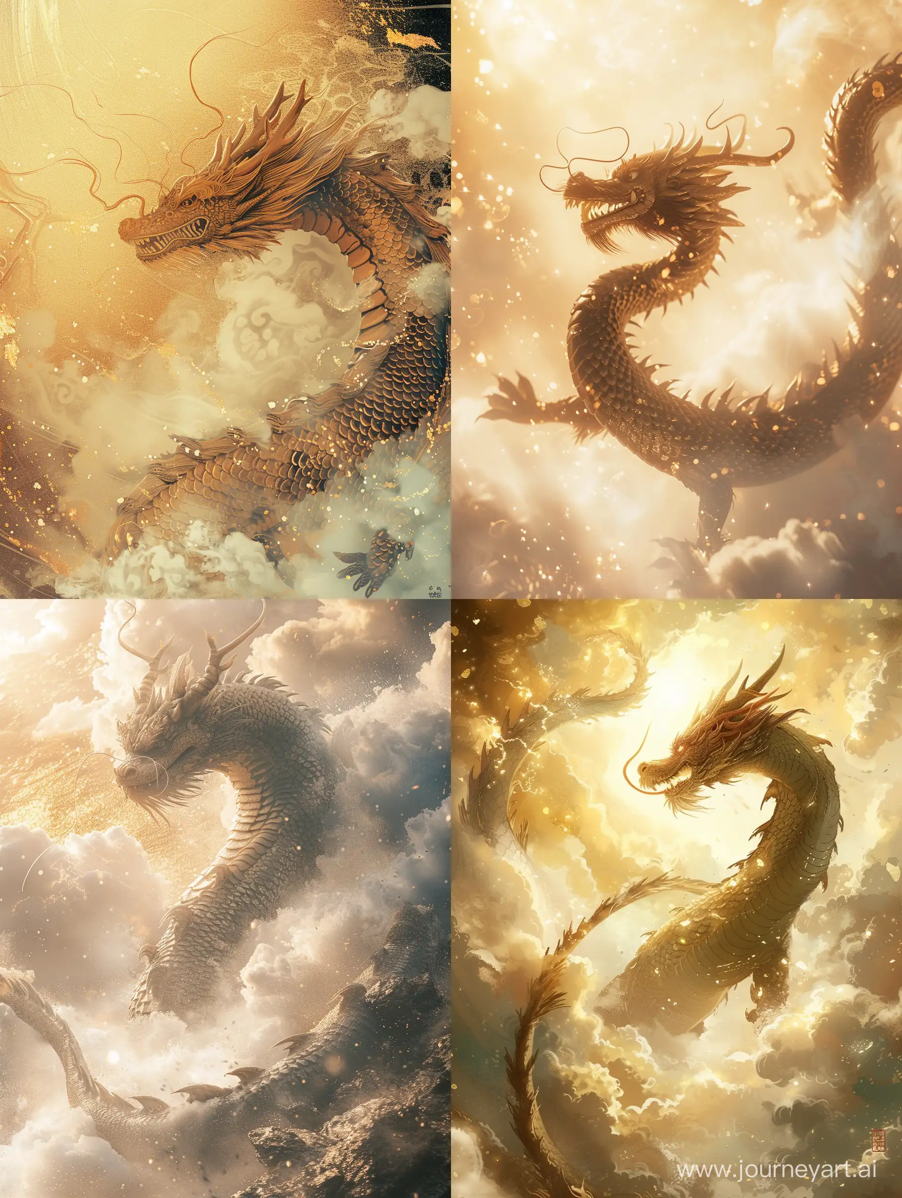 Chinese dragon, a giant dragon cutely walks out from the white gold clouds, the dragon and the background are strong, extreme details, backlighting, dream scene