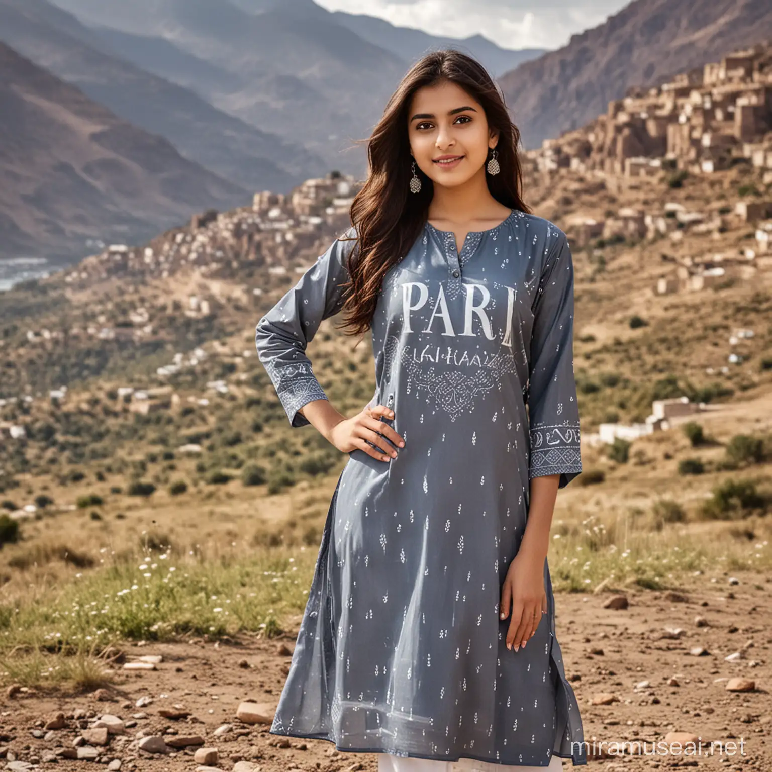 A beautiful 16-year-old girl named Pari, wearing a stylish kurti with the name 'Pari' printed in silver letters, striking an amazing pose. The background is a scenic view, enhancing the beauty of the overall image
