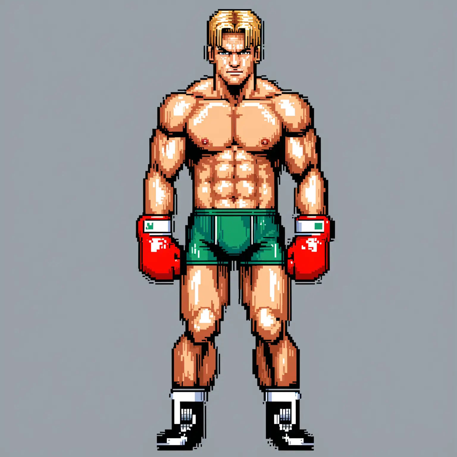 dans un style pixel art de très bonne qualité :
un boxeur au trait de dolph lundgren
