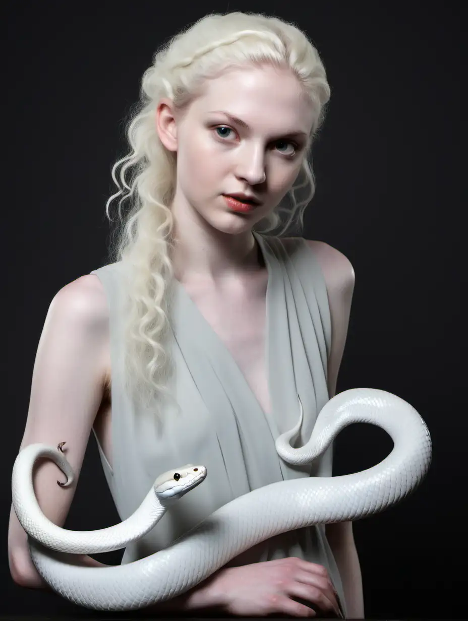  chica joven, de piel pálida, desnuda, con una serpiente blanca enroscada 
