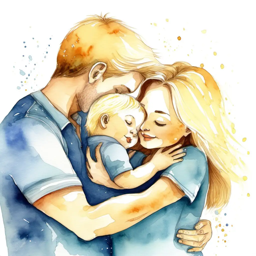 Children’s book, water color illustration, baby boy hugging with mom and dad blondish