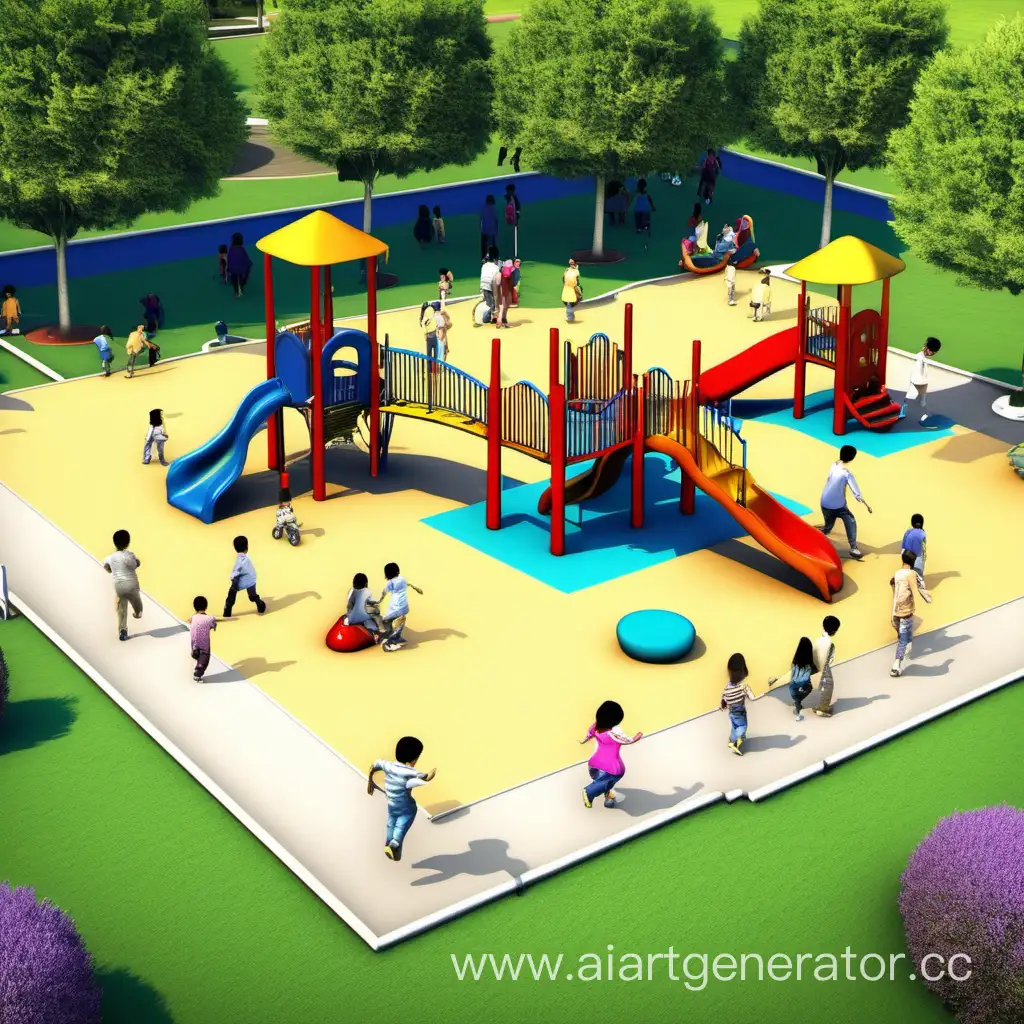 A children playground , children are playing in the Playground, parents are seating on benches, there are bunch of play options for children in the playground.