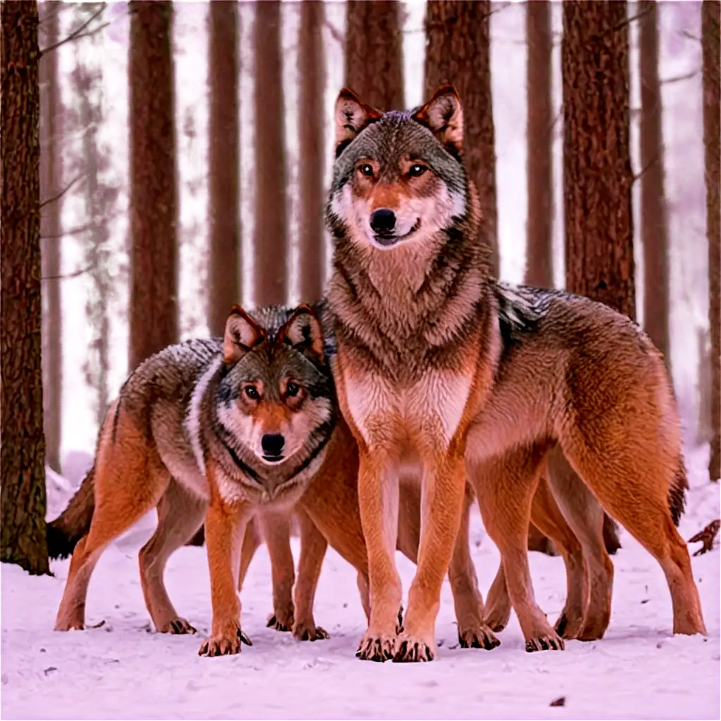 A playful pack of wolves romping through a snowy forest clearing.