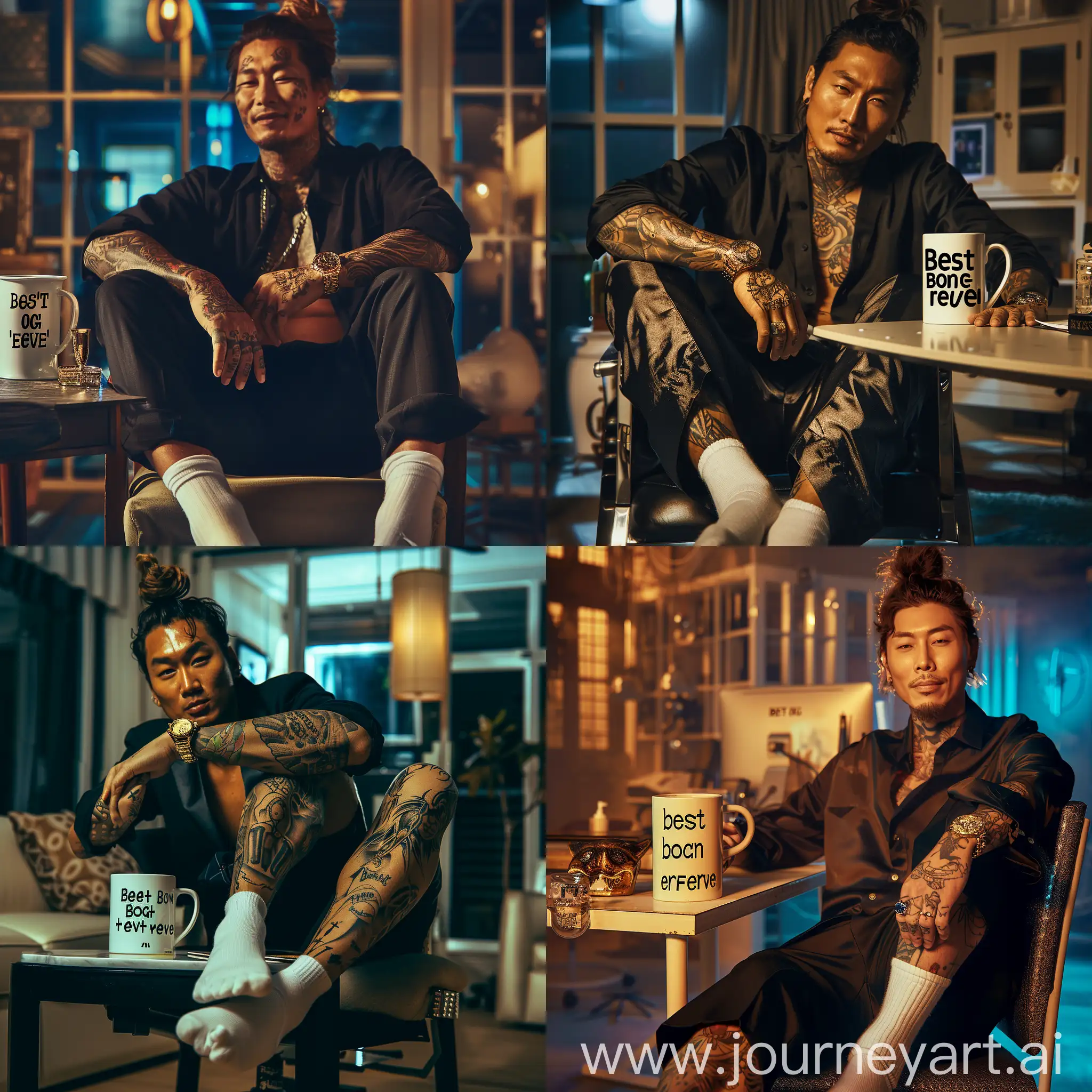 Cinematic lighting, low lighting, night time, One handsome burly tattoed asian man wearing an open black dress shirt lying on a chair, good looking asian man with a hair in a messy male bun, sitting on his office chair, wearing a big golden watch, sitting on a chair with his huge feet on the table, wearing white socks, with a white mug on top of the table written "Best Boss ever", Office background